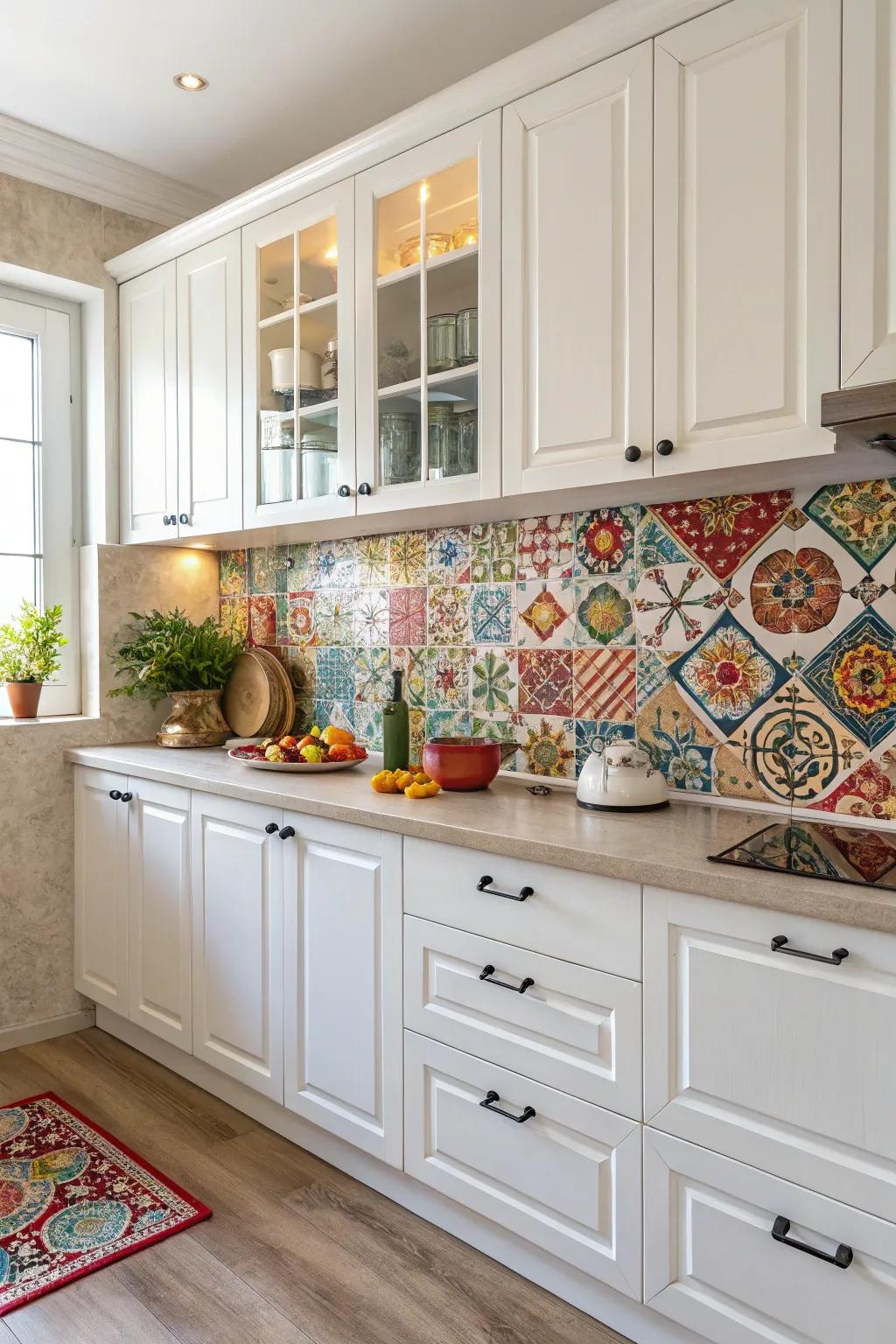 A bold backsplash is a great addition to a white kitchen.