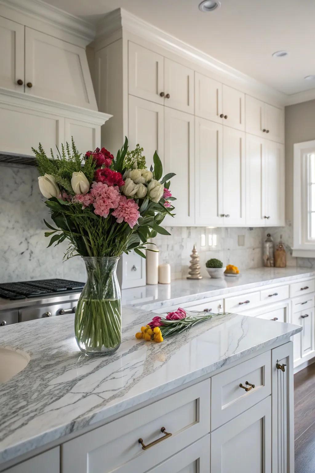The sophistication of white cabinets is elevated with granite countertops.