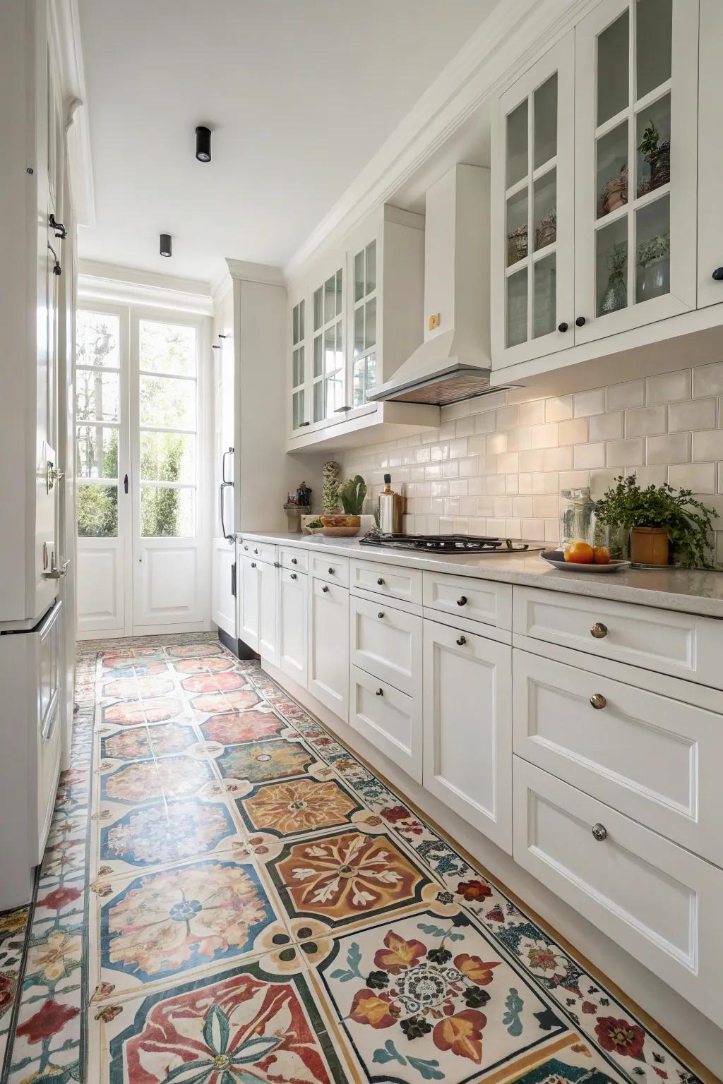 A white kitchen gets a bold floor patterns, adding elements of interest.