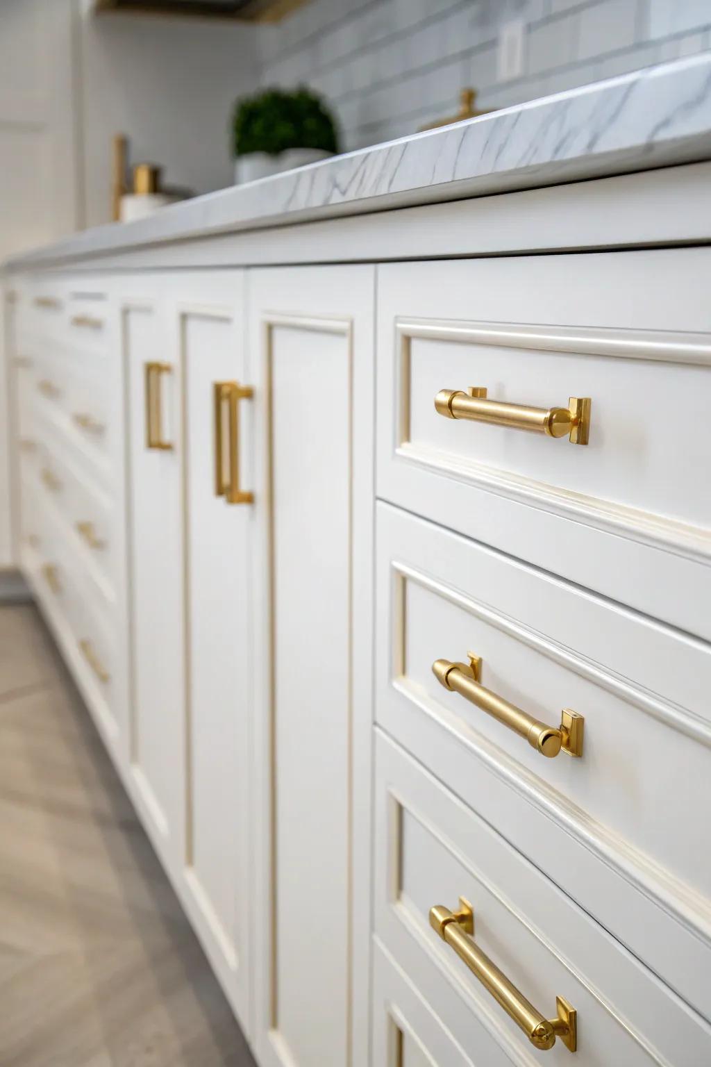 The touch of luxury of gold hardware is felt on white kitchen cabinets.