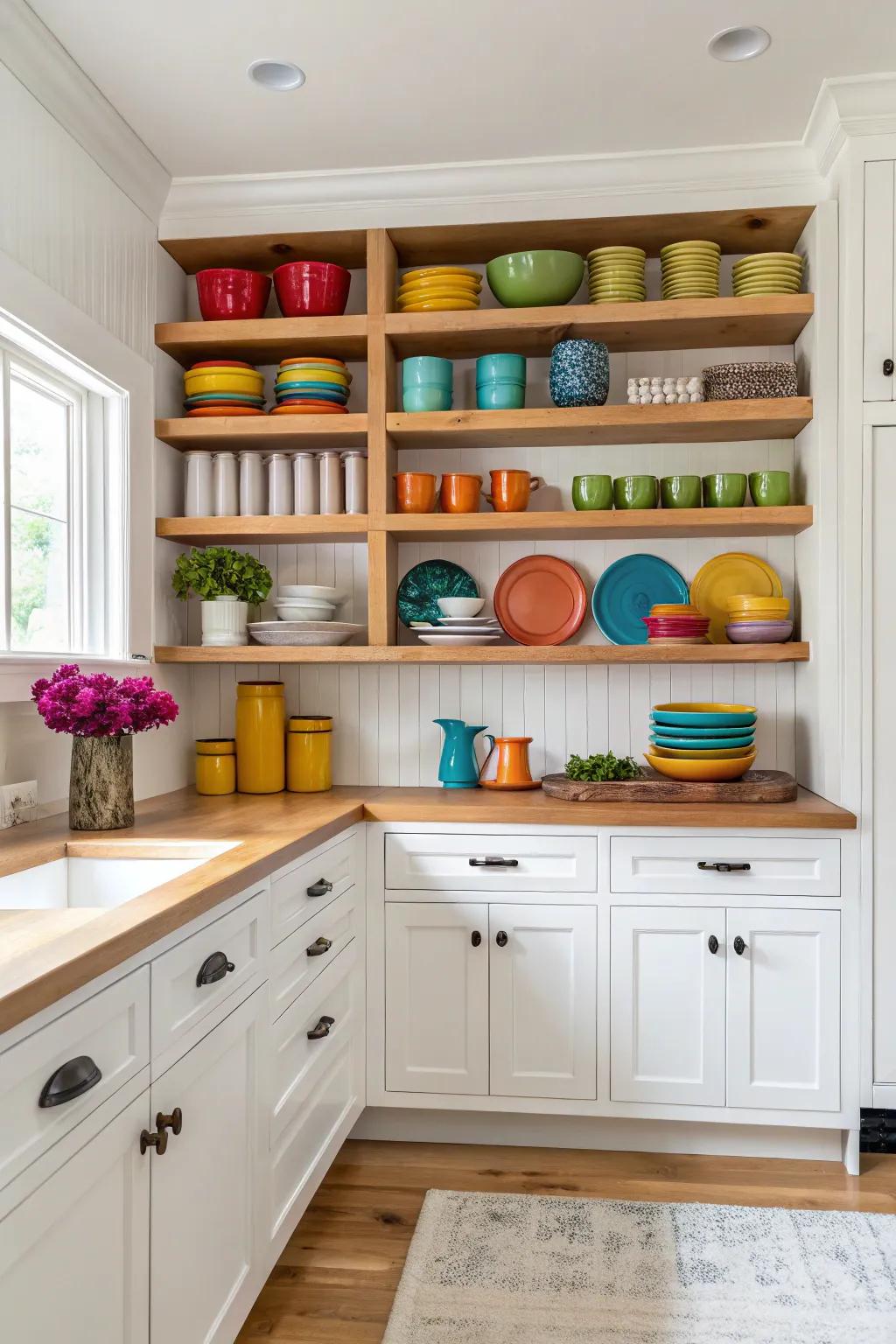 With white kitchen cabinets, the addition of open shelving introduces coziness and individuality.