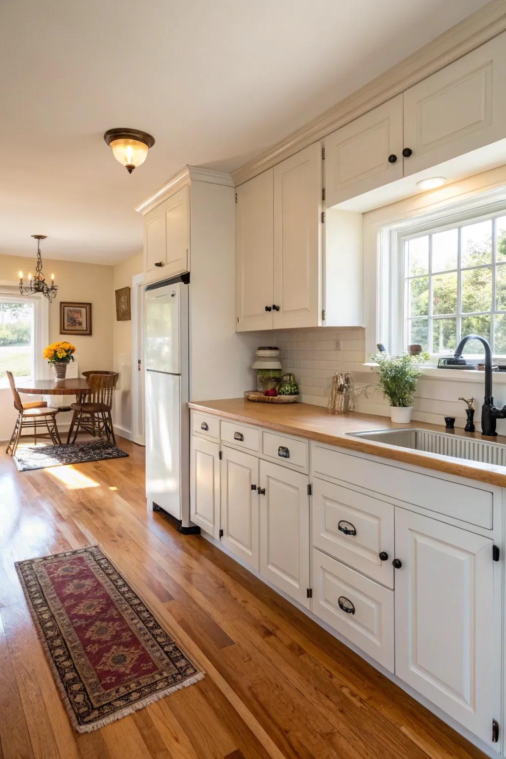 White cabinets receive a contrasting cozy element with the addition of wood accents.