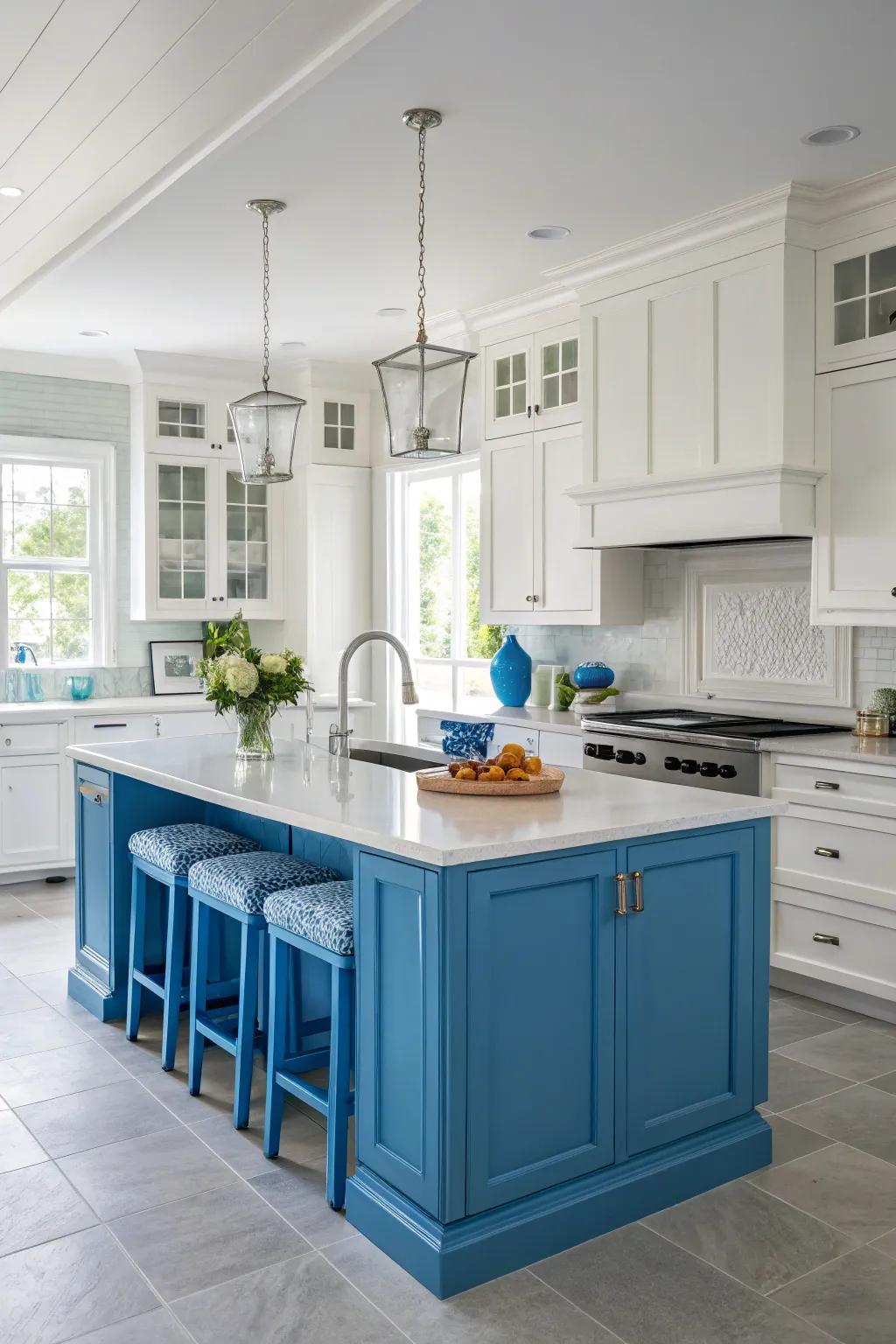 The addition of a vibrant kitchen island element introduces a playful component alongside white kitchen cabinets.
