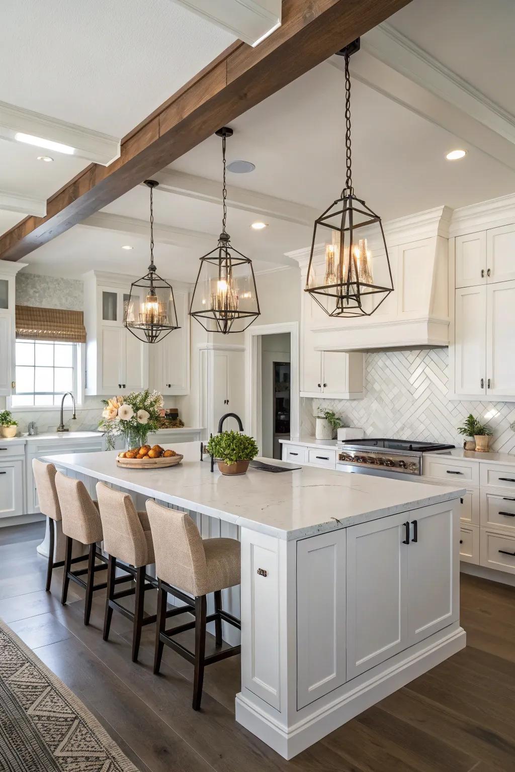 The visual appeal of a white kitchen is enhanced by pendant lights.