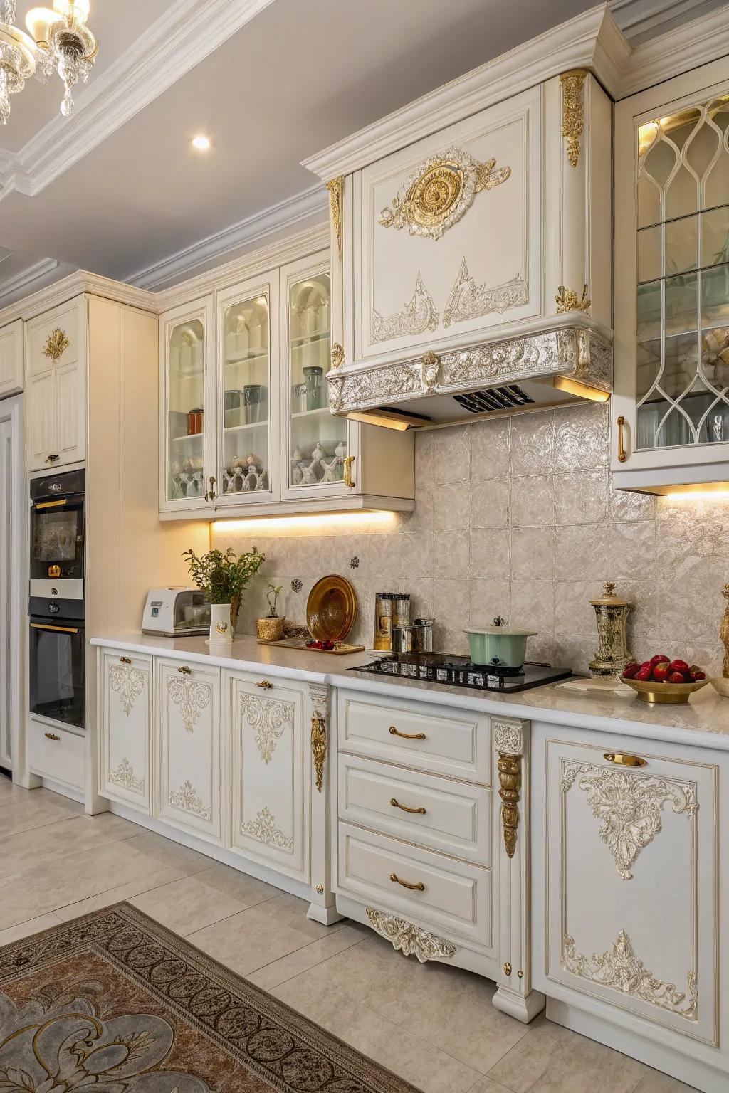 The detailed ornamentation enriches white cabinets with a traditional element.