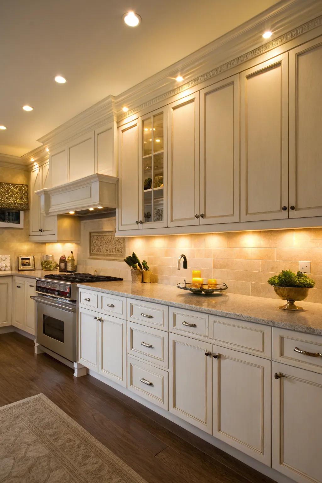 Ambient lighting can bring out the cozy atmosphere inside white kitchens.