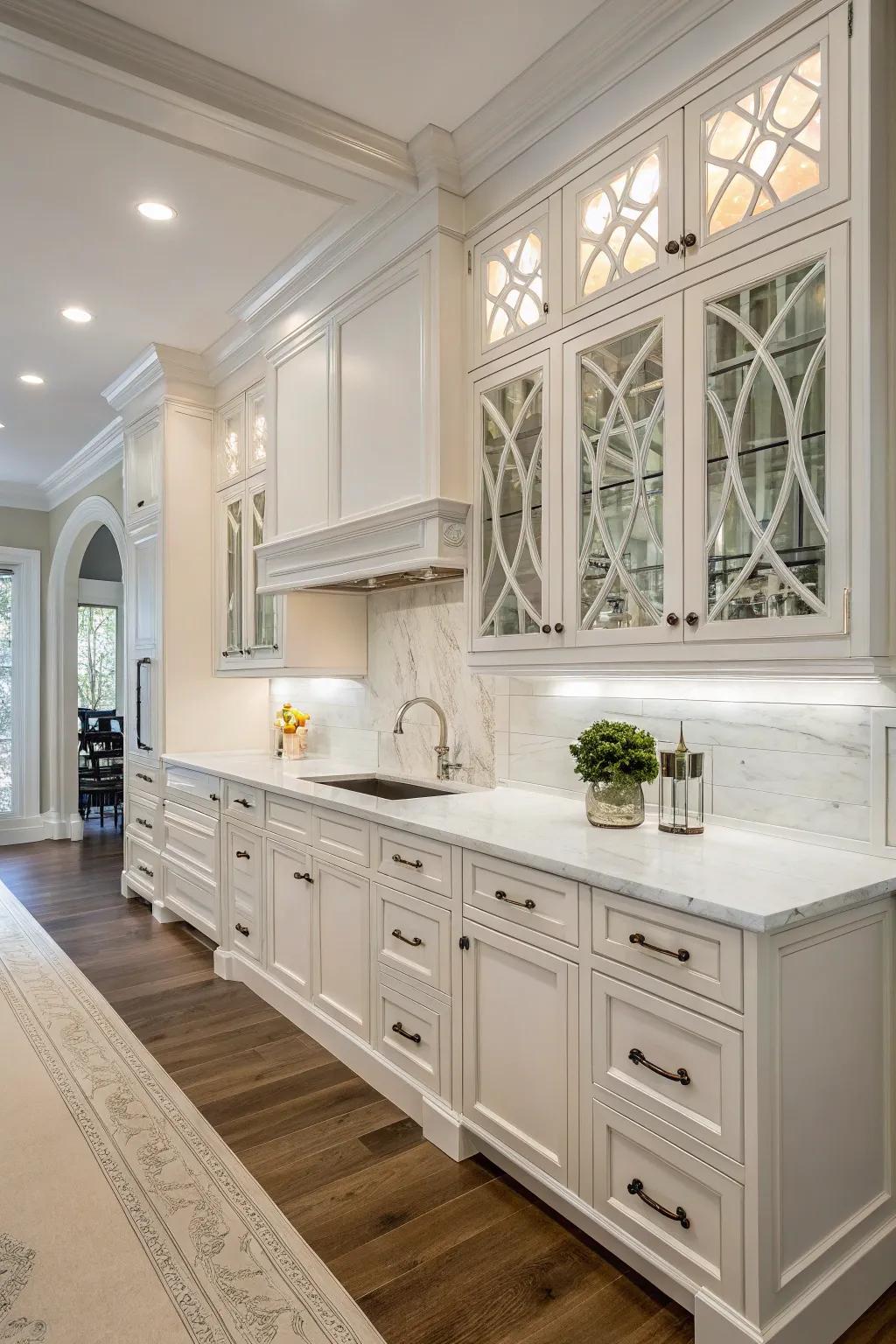 For white kitchen cabinets, unique charm is expressed through custom millwork.