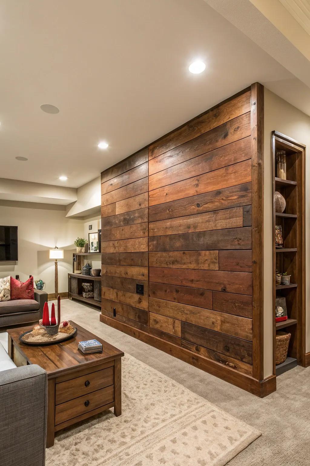 Make a design statement with a bold wood accent wall.