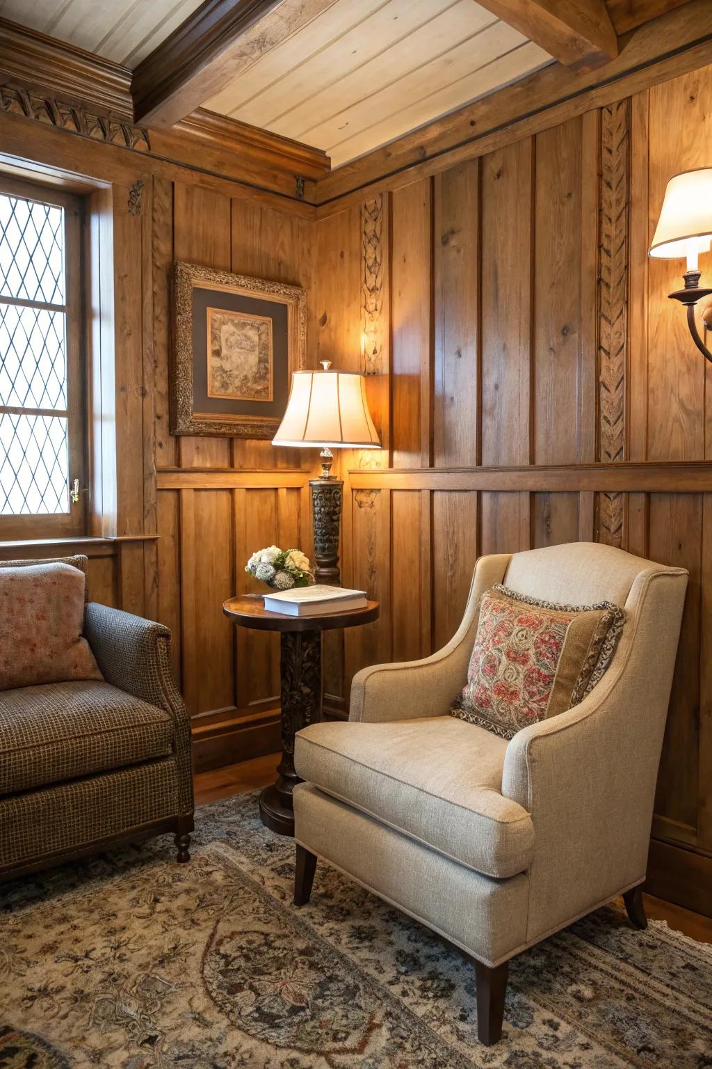 Inviting spaces using wooden paneling.