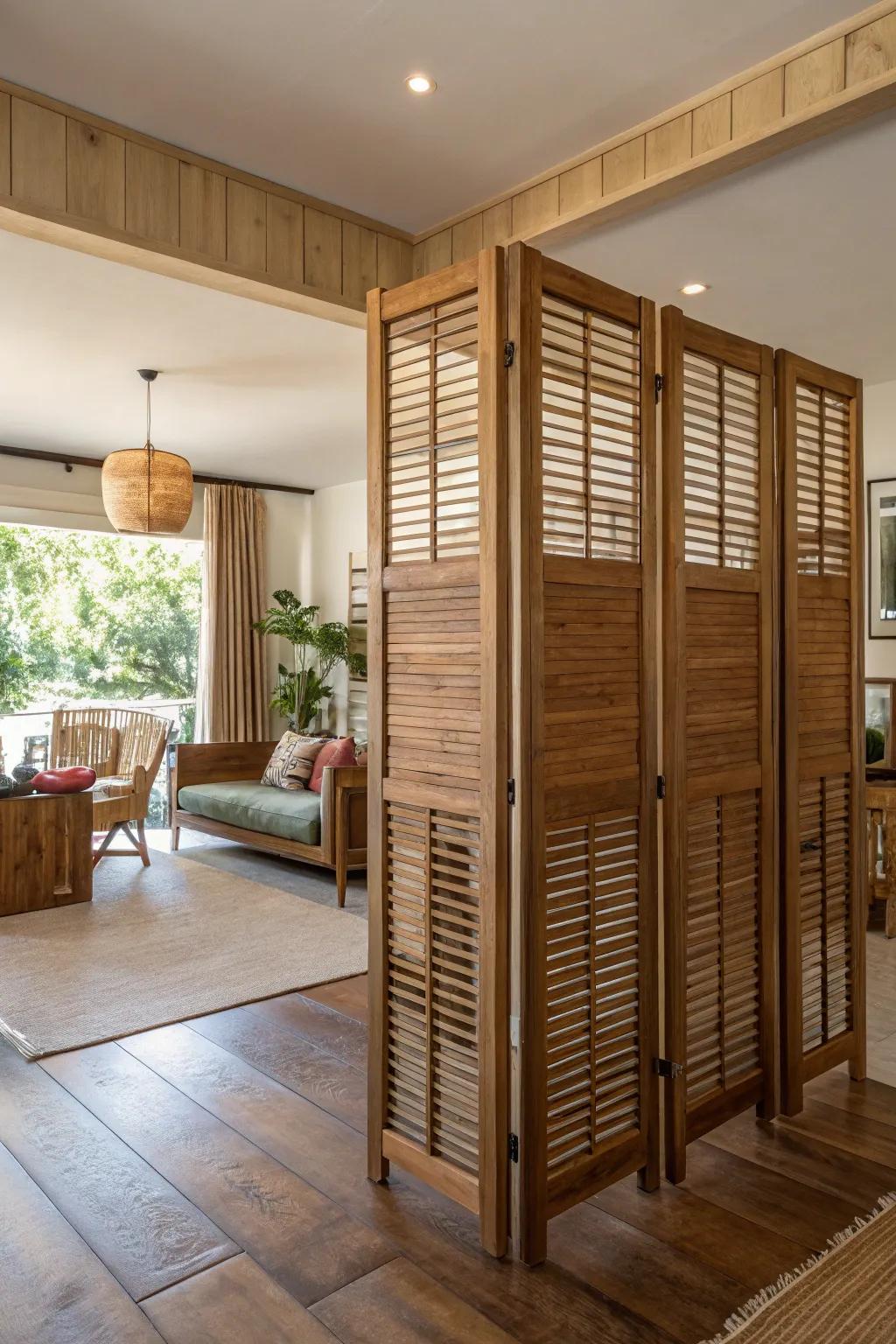 Use wooden slats as stylish room dividers.