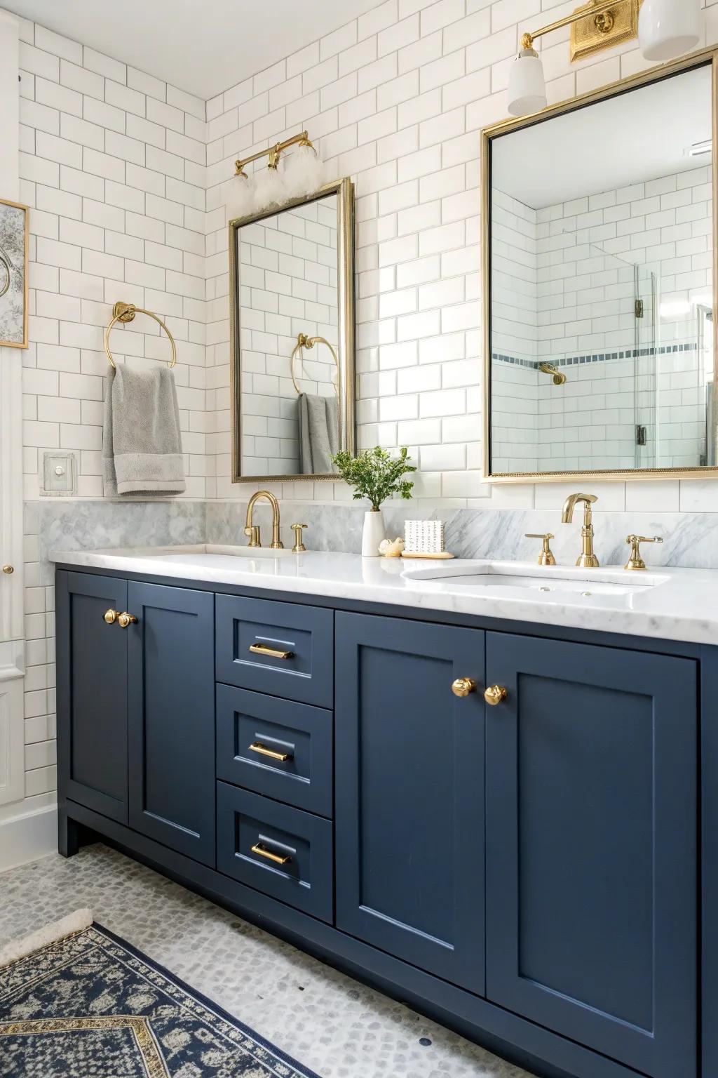 The combination of navy blue and gold exudes enduring sophistication in this well-appointed bathroom.