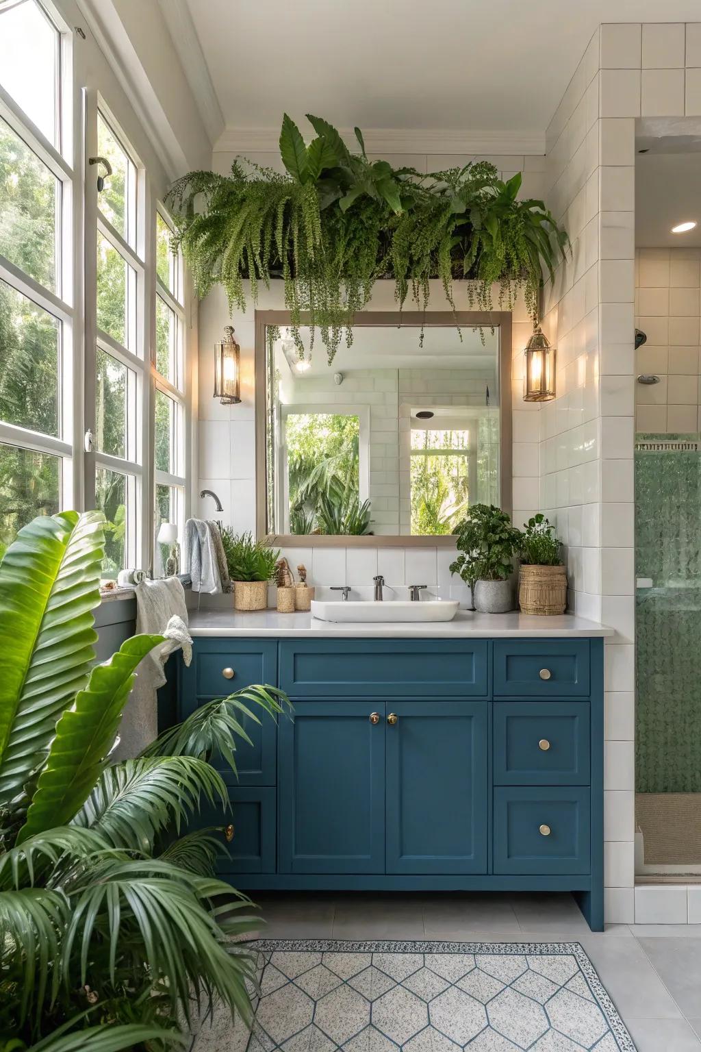 Greenery elevates the soothing effect of a blue vanity.