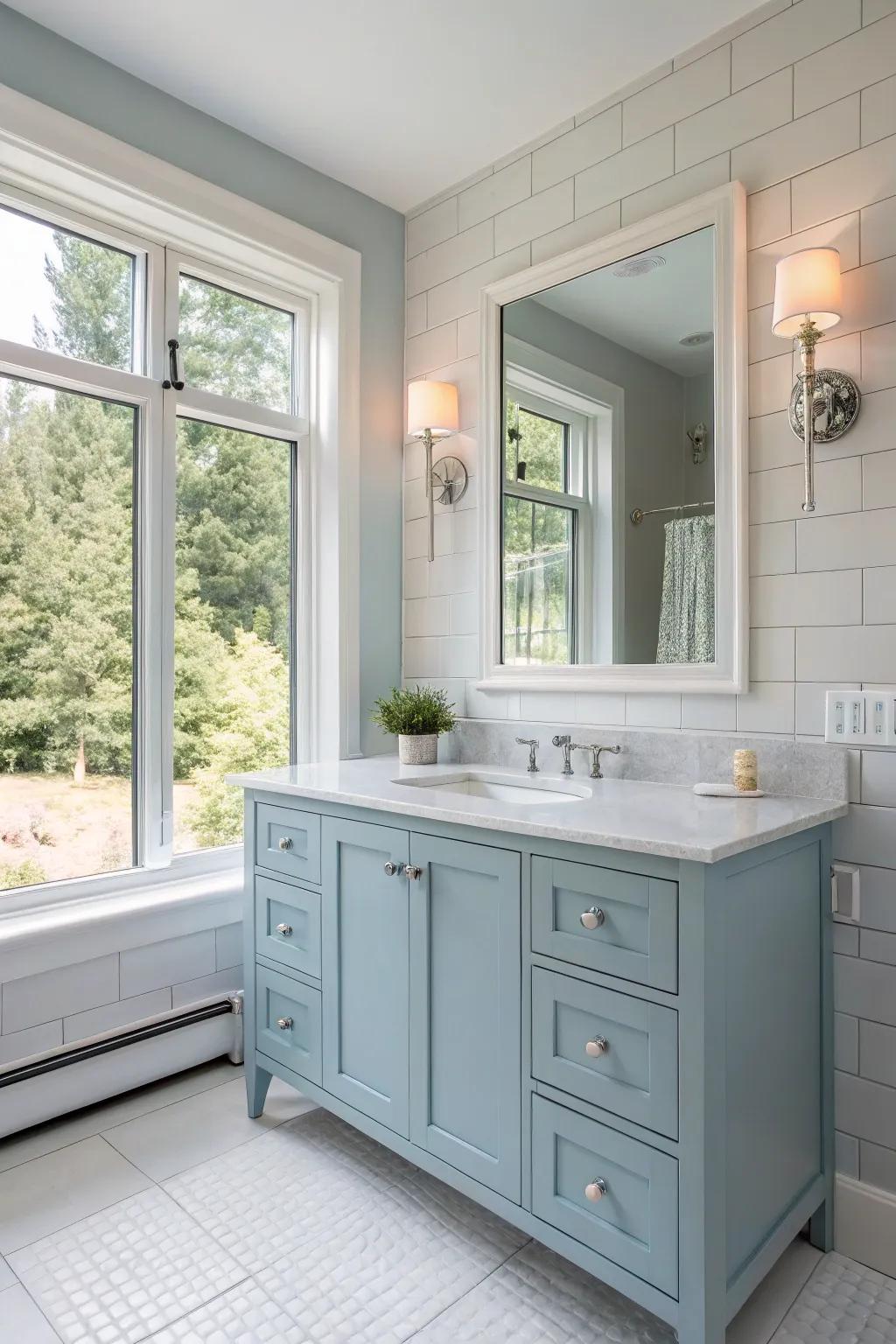 Gentle blue shades impart a feeling of serenity and spaciousness.