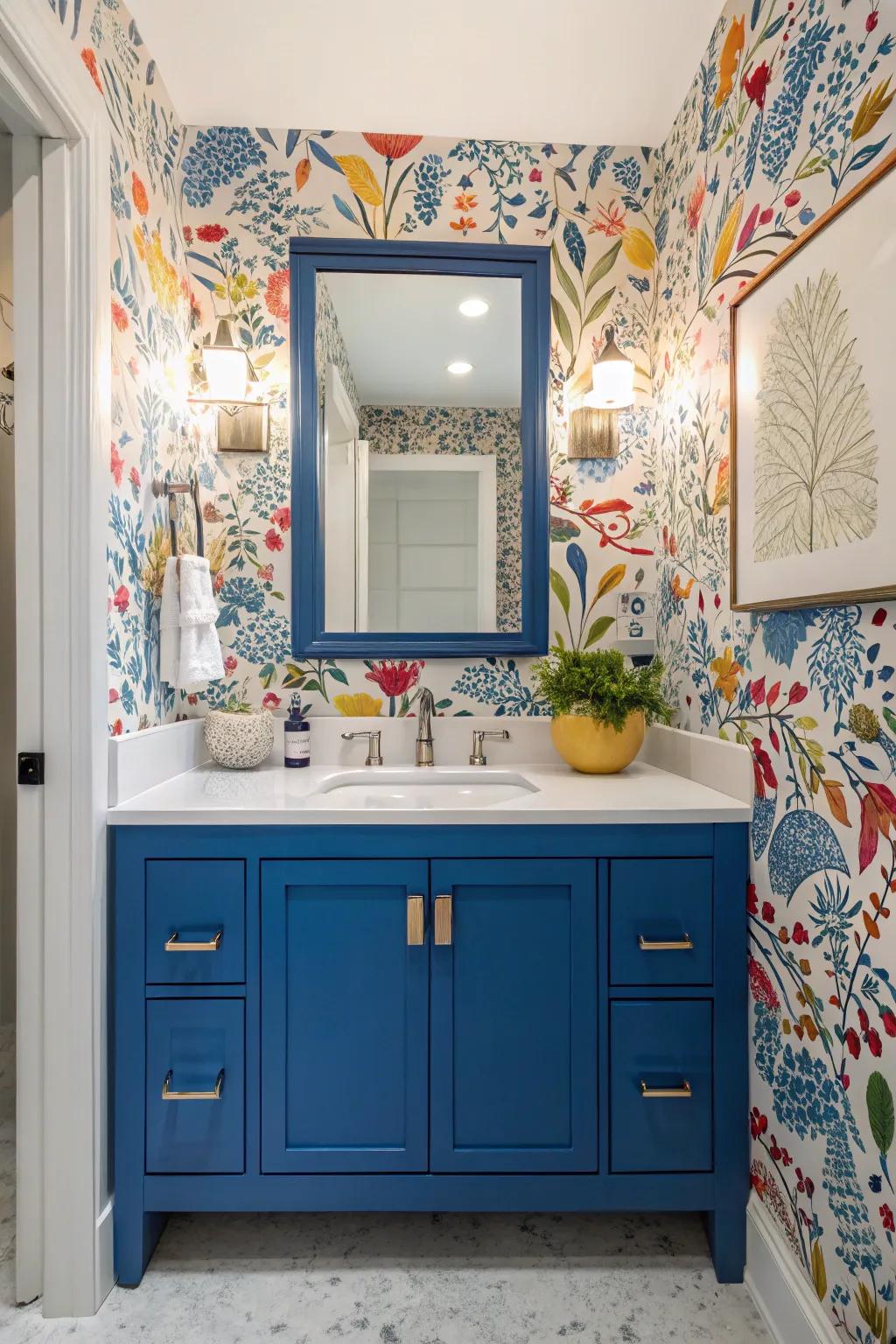 Cobalt blue boldly contrasts against a playful backdrop.