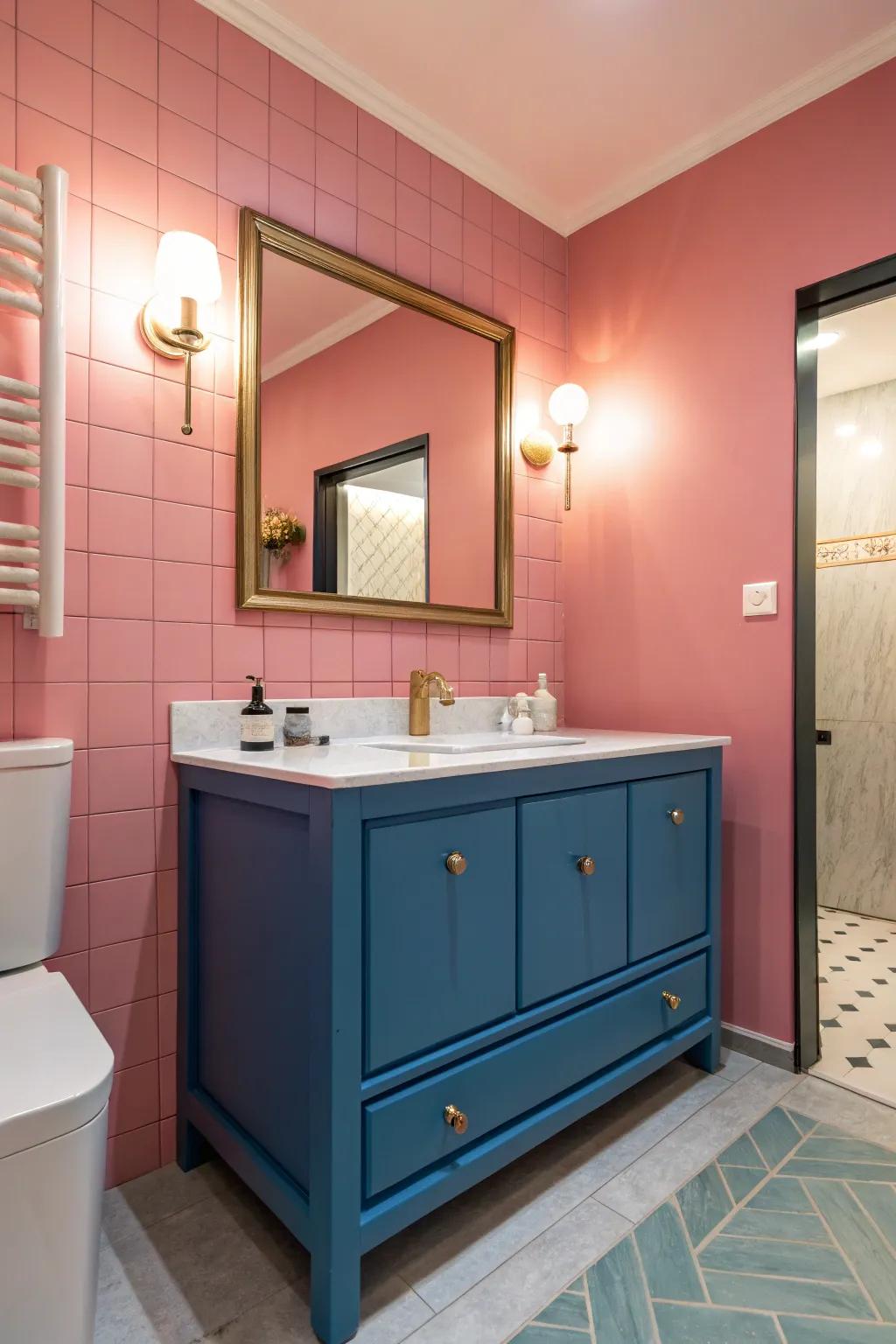 Unexpected color pairings bring a fresh and lively twist to a blue vanity.