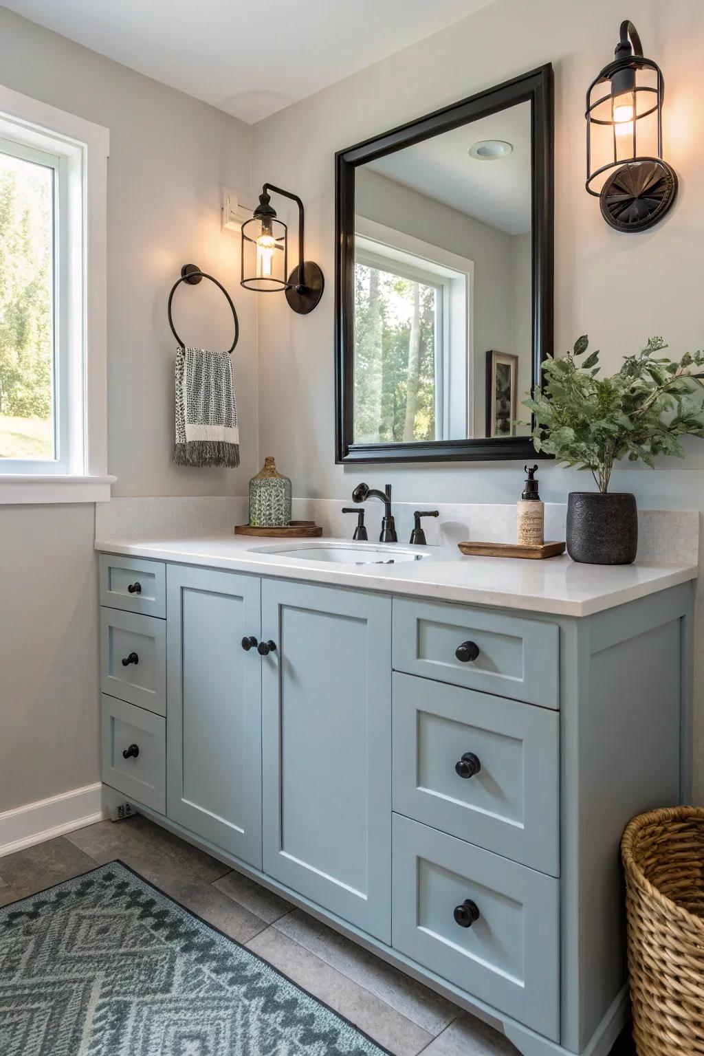 A DIY powder blue vanity revitalizes any bathroom.