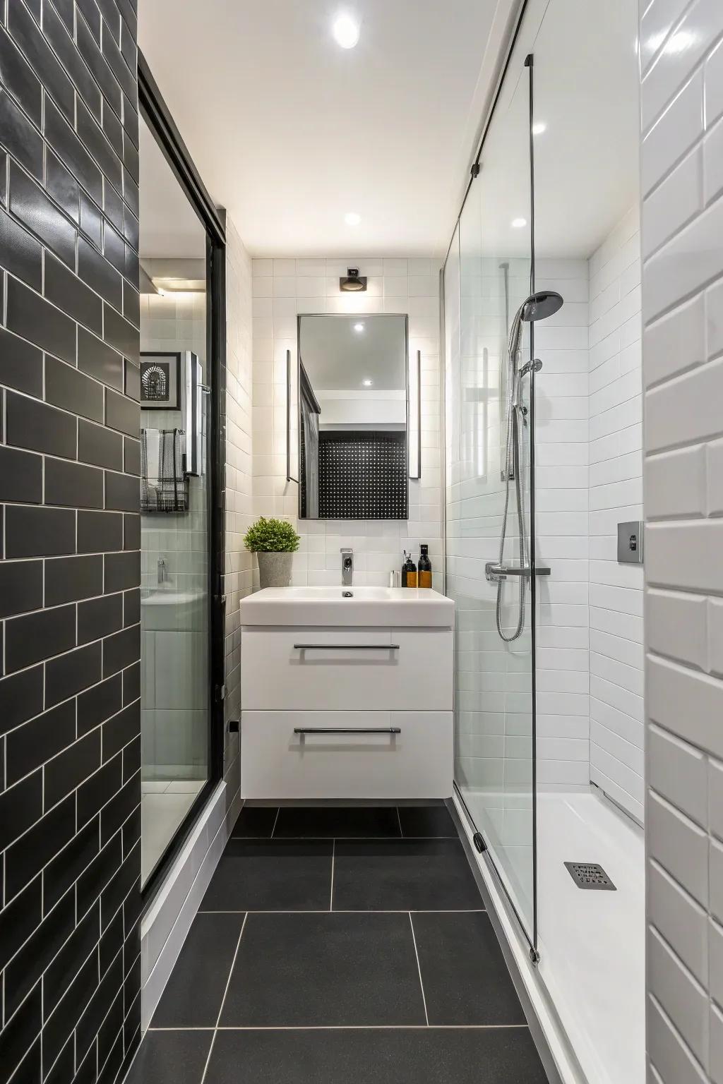 Contrasting colors bring sophistication and depth to small bathrooms.