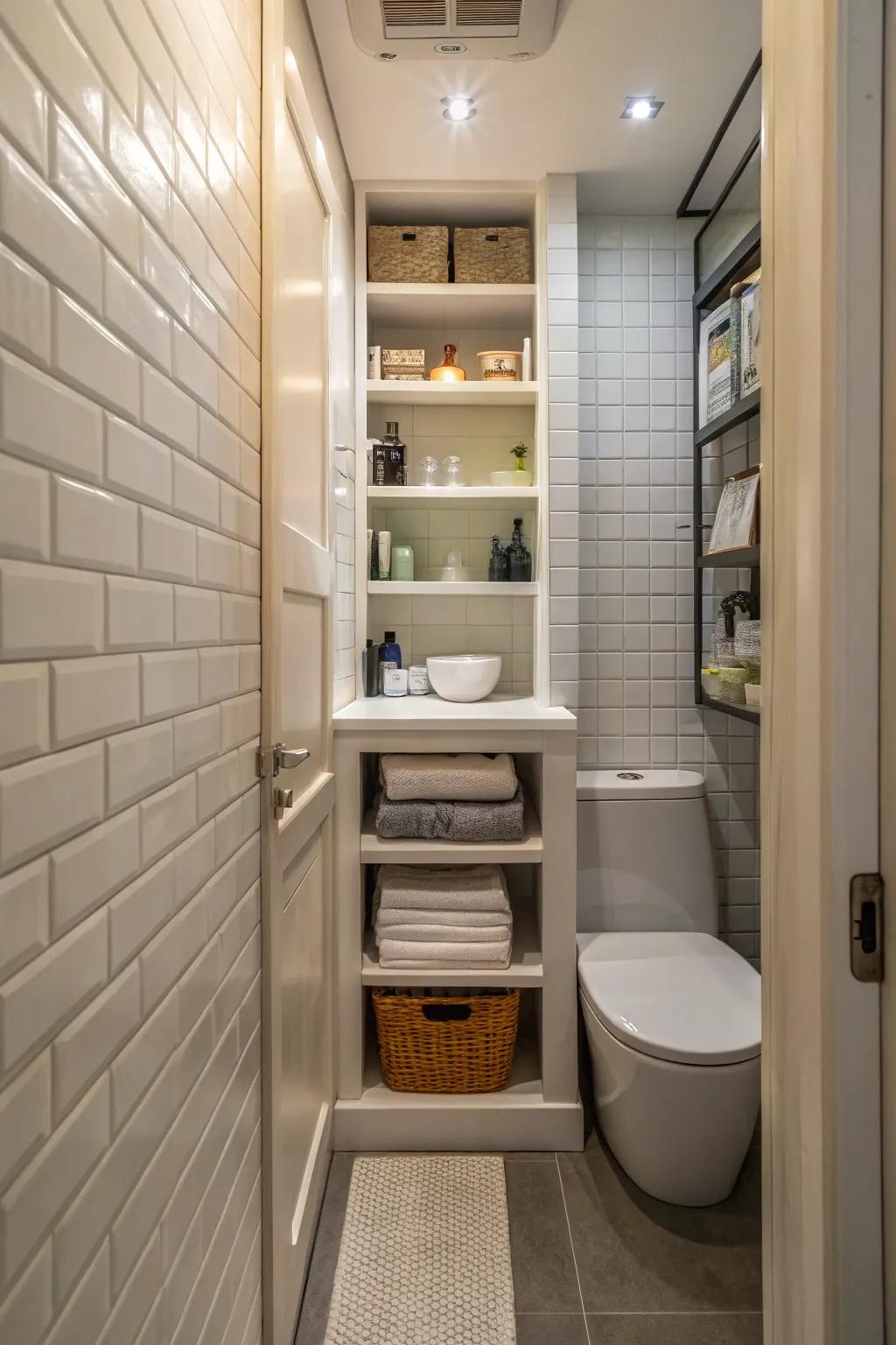 Recessed shelving blends seamlessly into small bathroom designs.