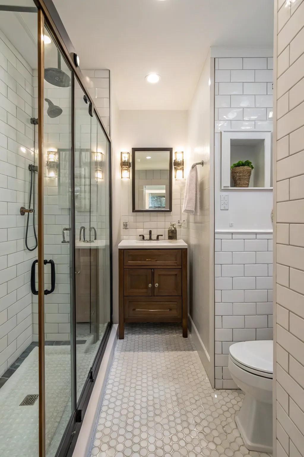 Walk-in showers provide a spacious, luxurious feel in small bathrooms.