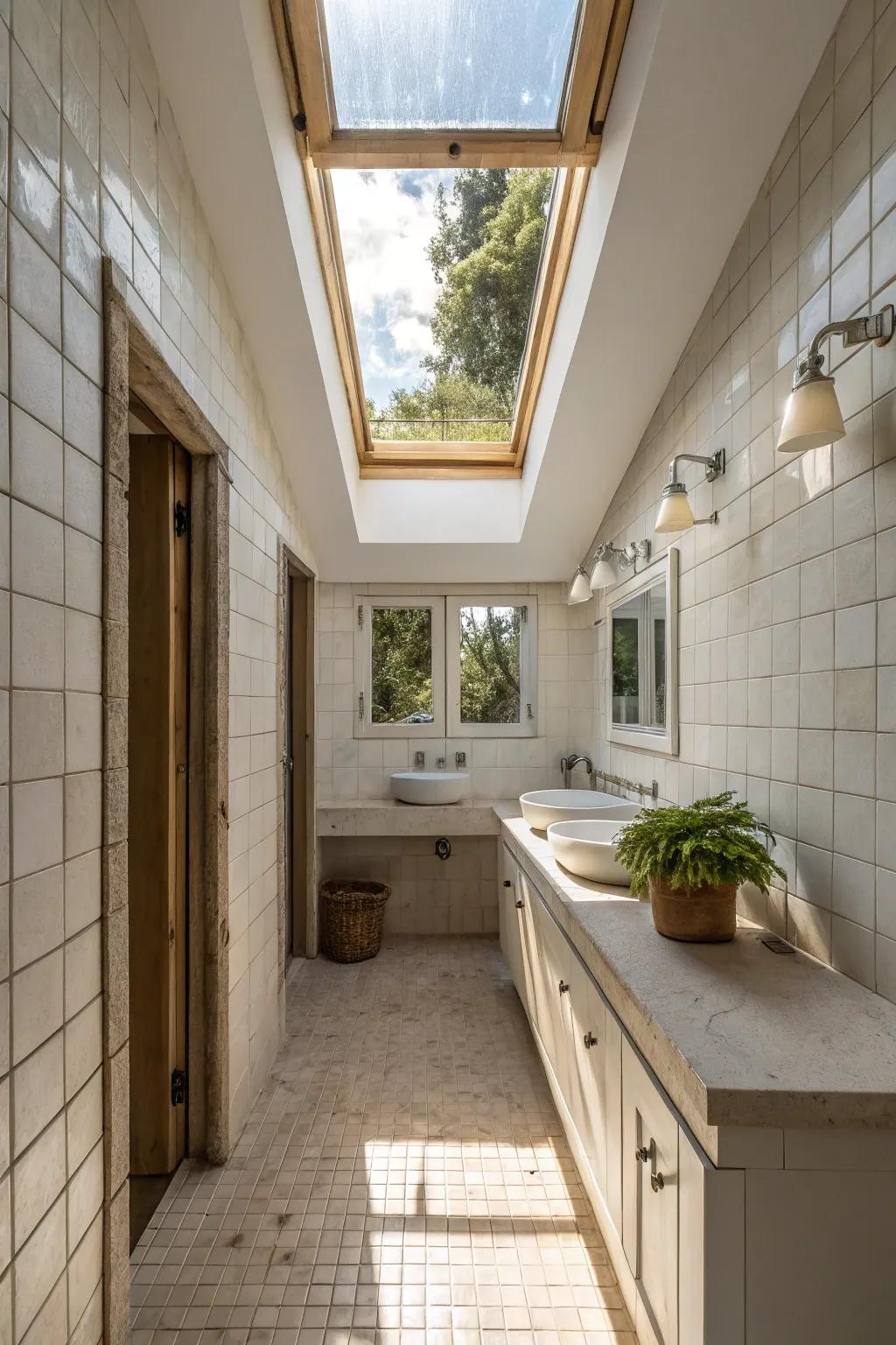 Skylights introduce light and elegance to small bathroom designs.