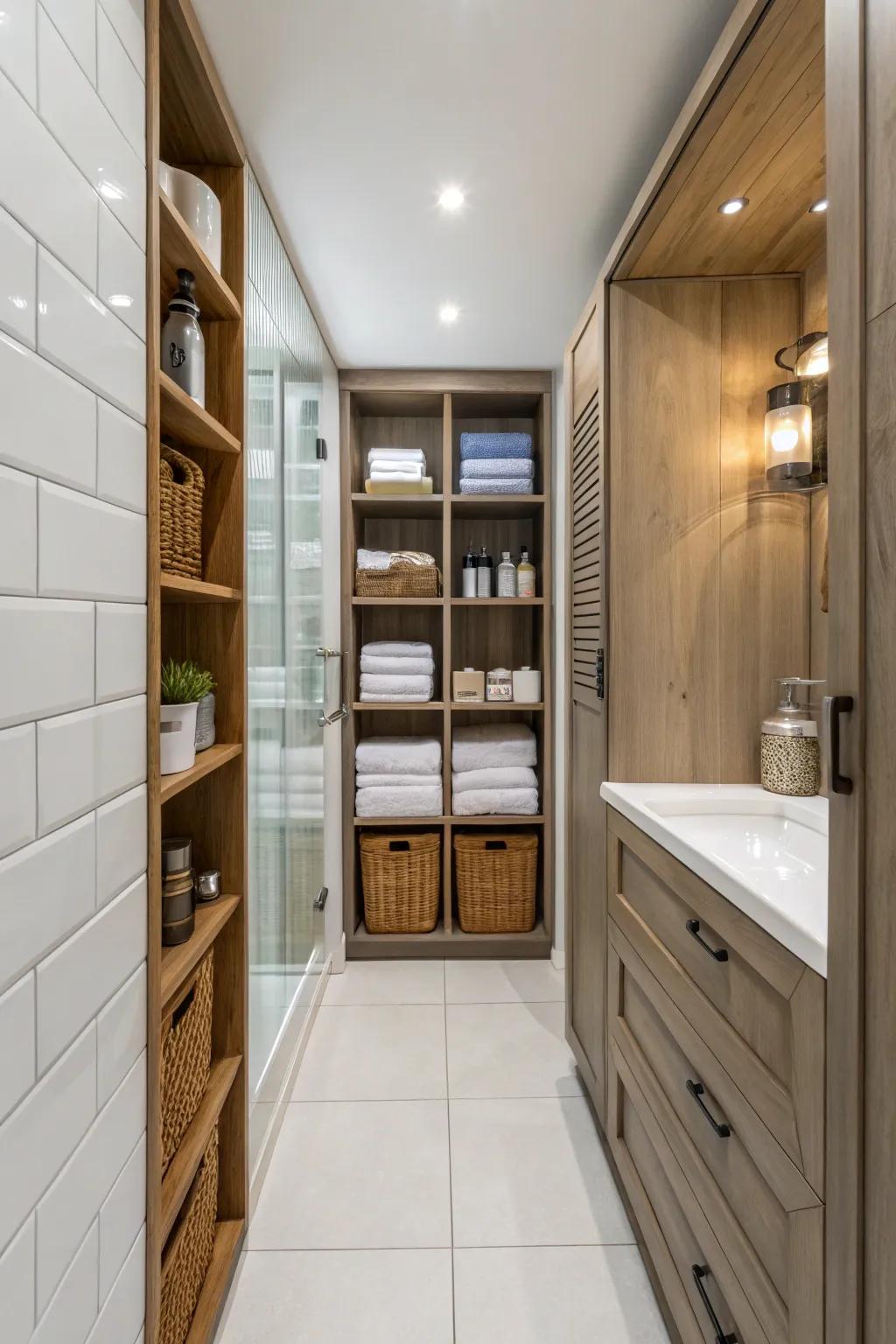 Vertical storage solutions maximize available space in a small bathroom.