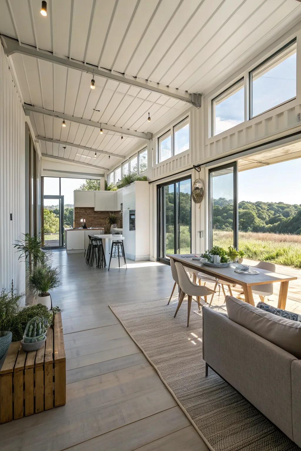 A container home with an expansive and airy open floor plan.