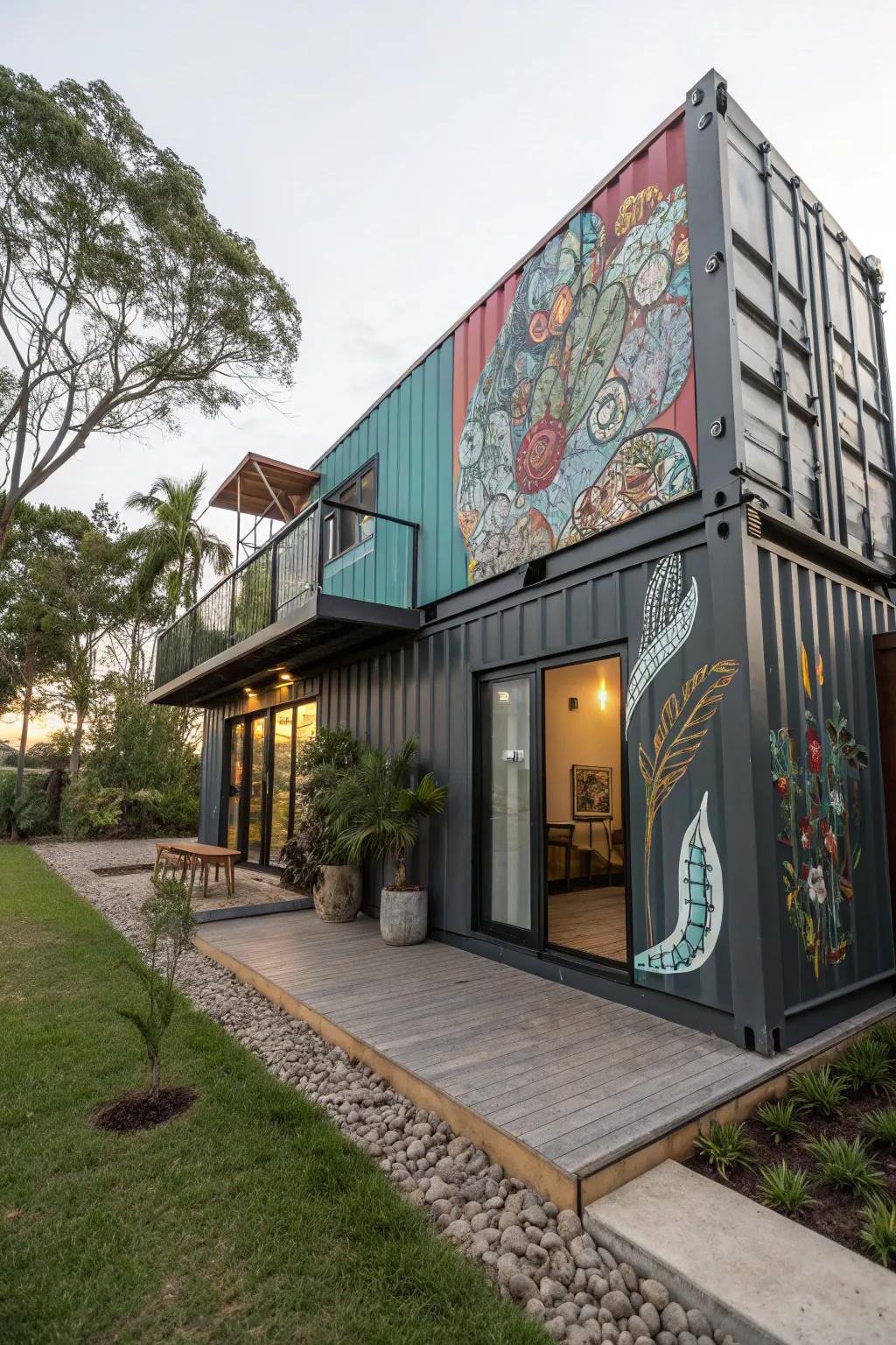 A container home with stunning artistic features.