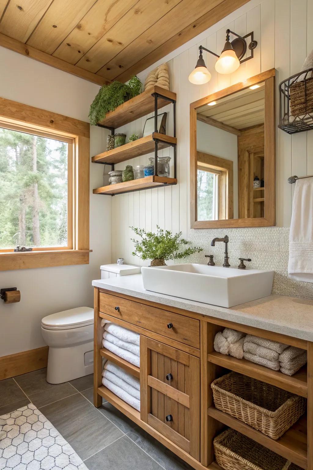 Wood shelves add warmth and depth to this bathroom.