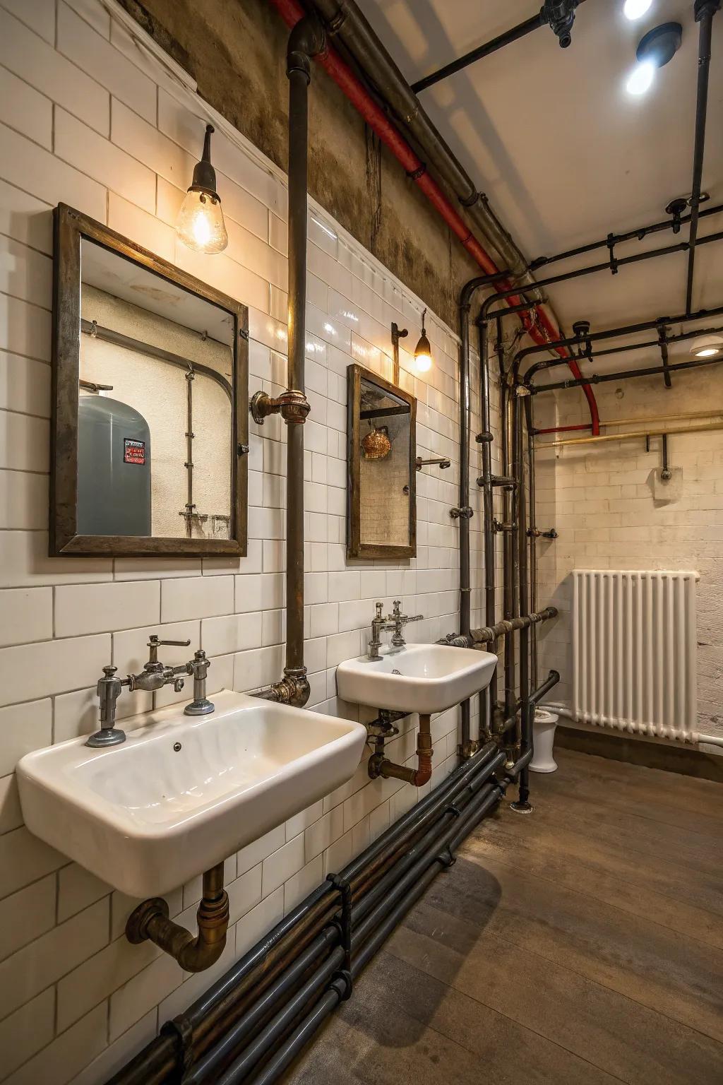 Industrial style with visible pipes and metal features.
