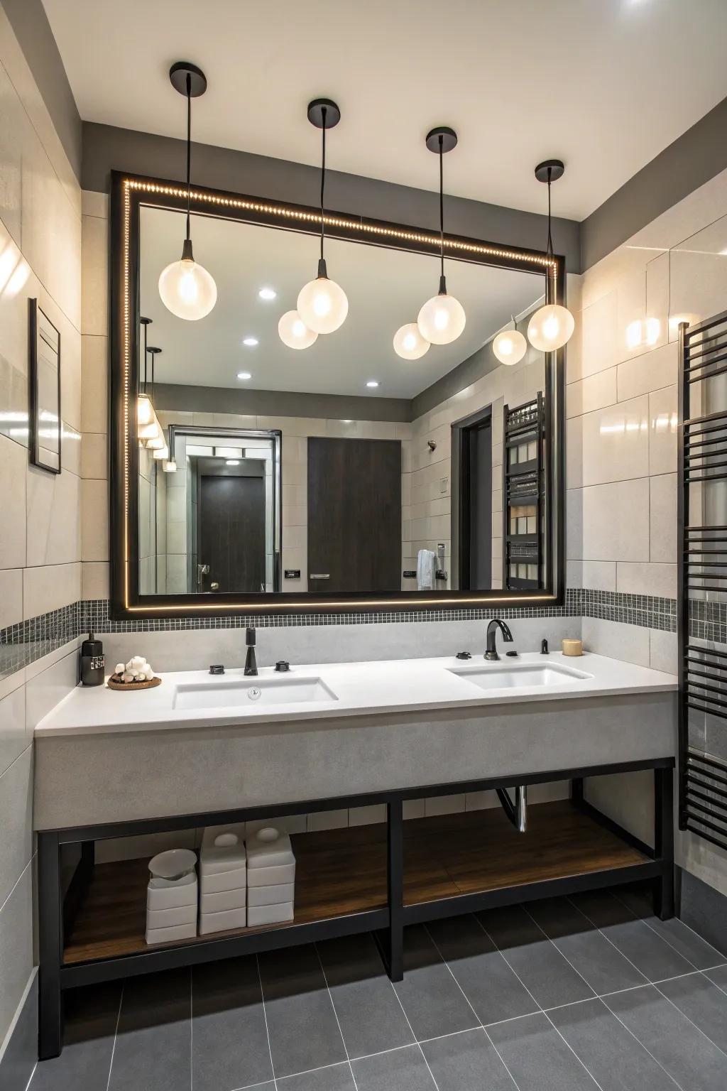 Striking fixtures with a large mirror and statement lights.
