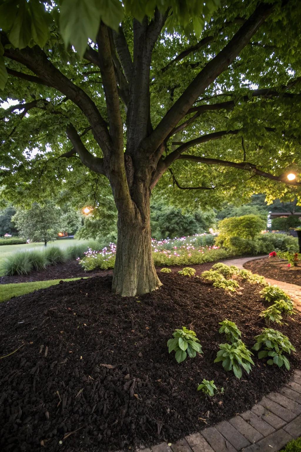 Mulch offers both safeguarding and boosts the visual appeal surrounding trees.