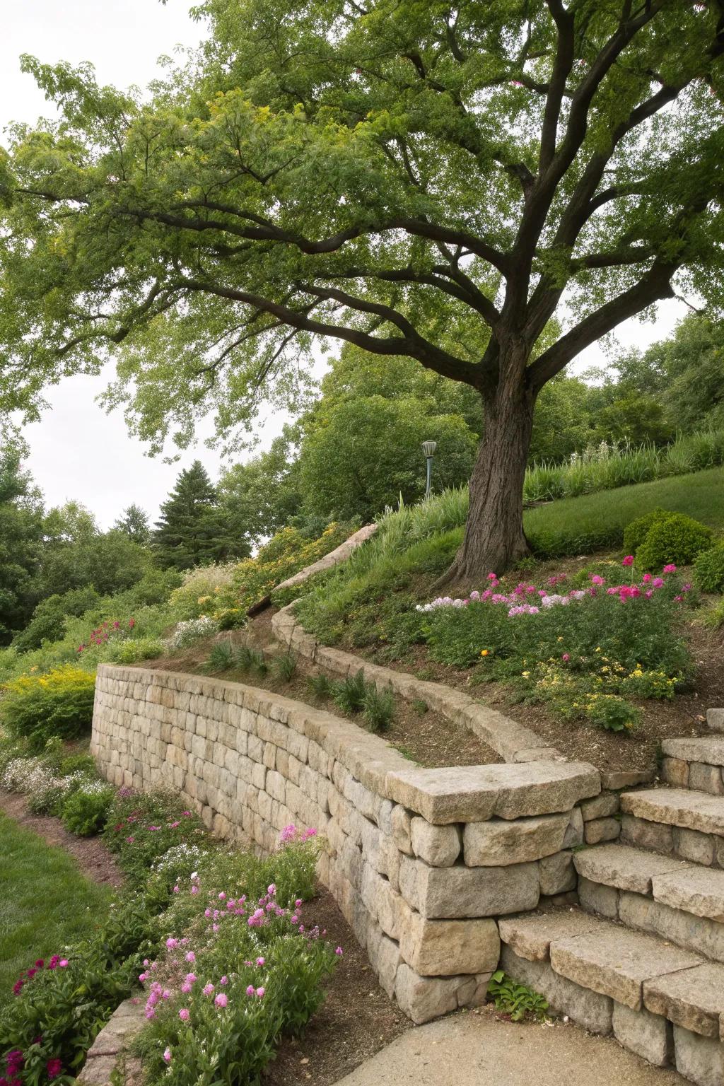 Retaining walls offer framework and loveliness to inclined locations.