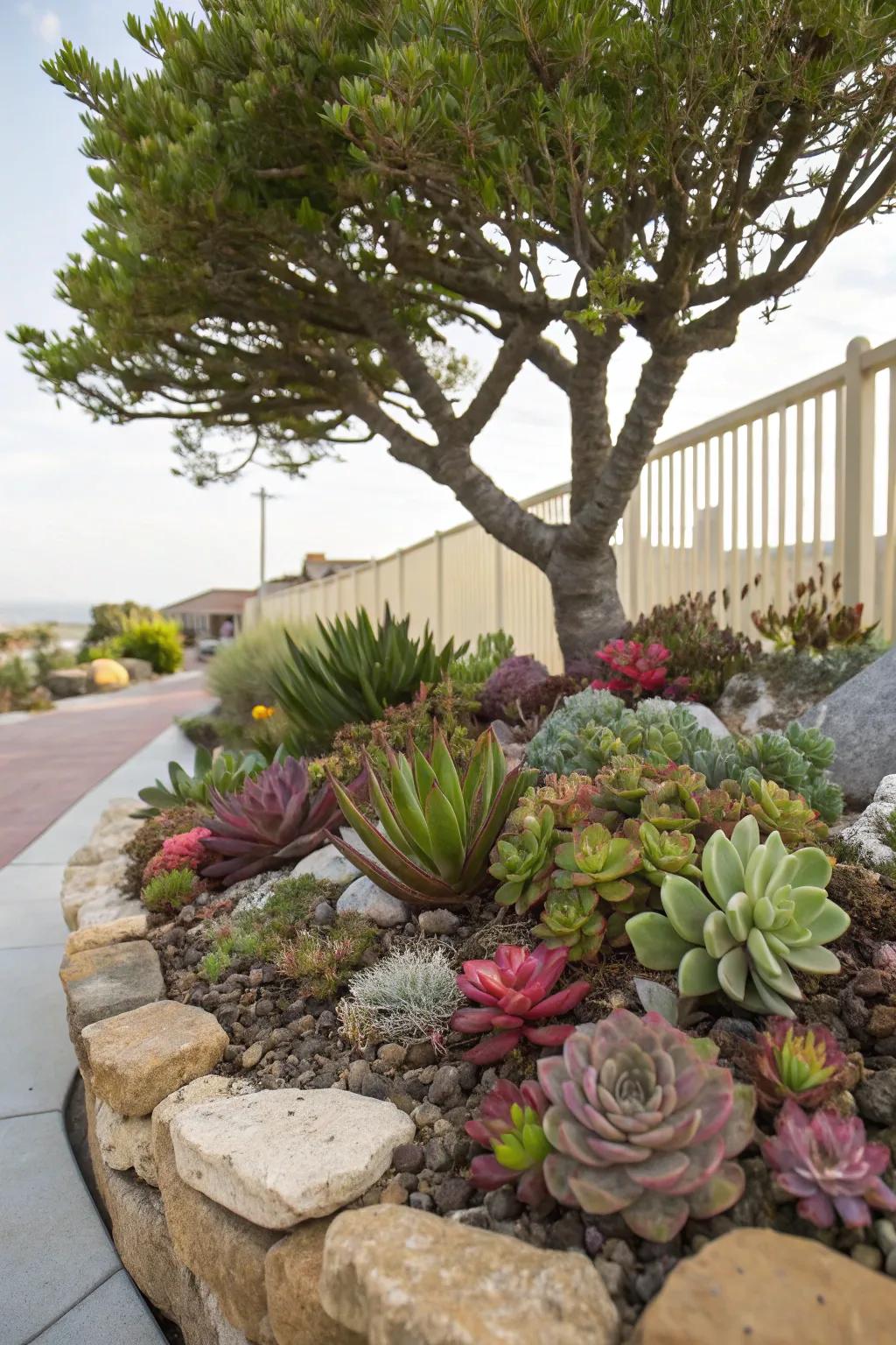 Succulents contribute dimension and a contemporary impact encircling trees.