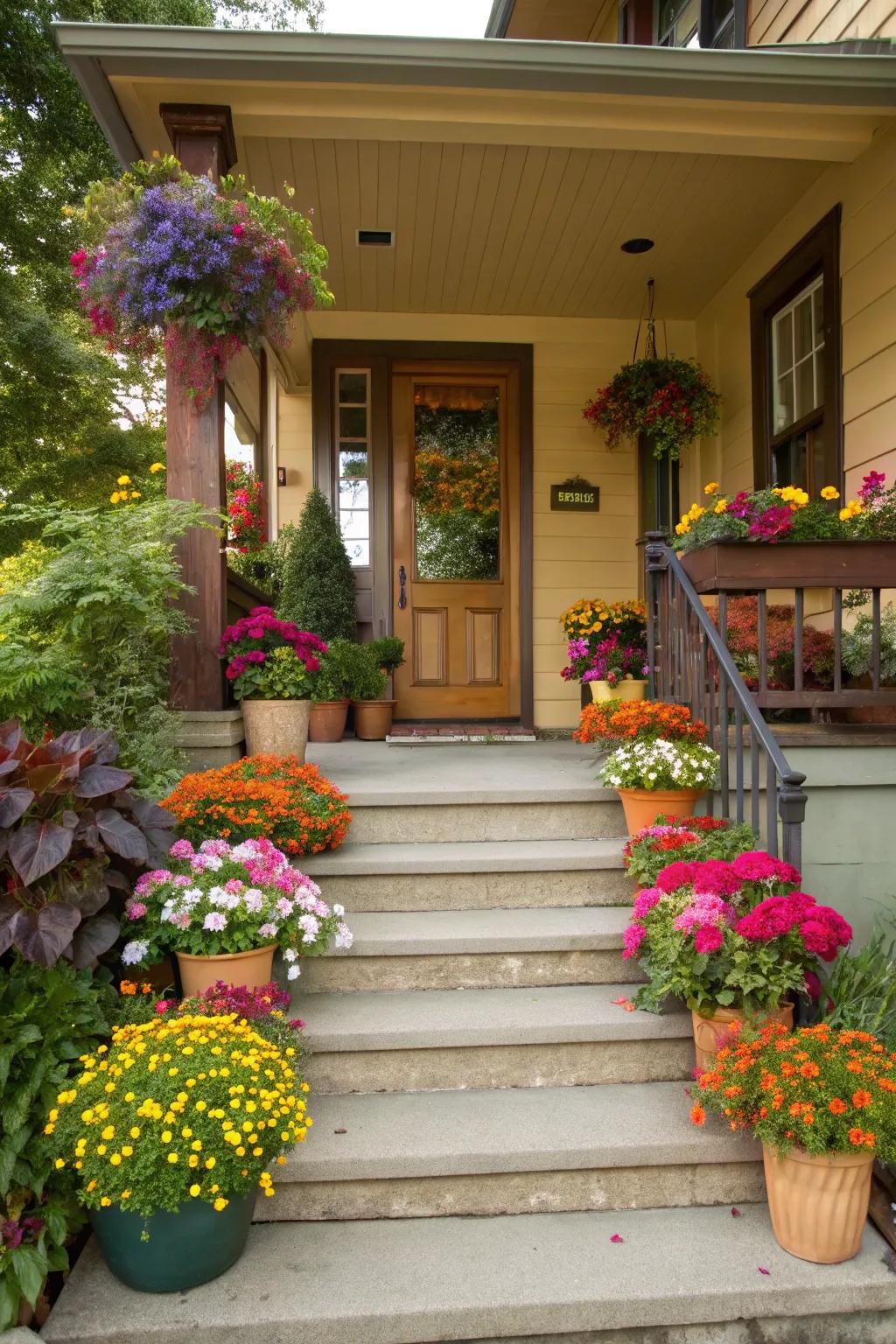Greenery adds life and color to porch steps.