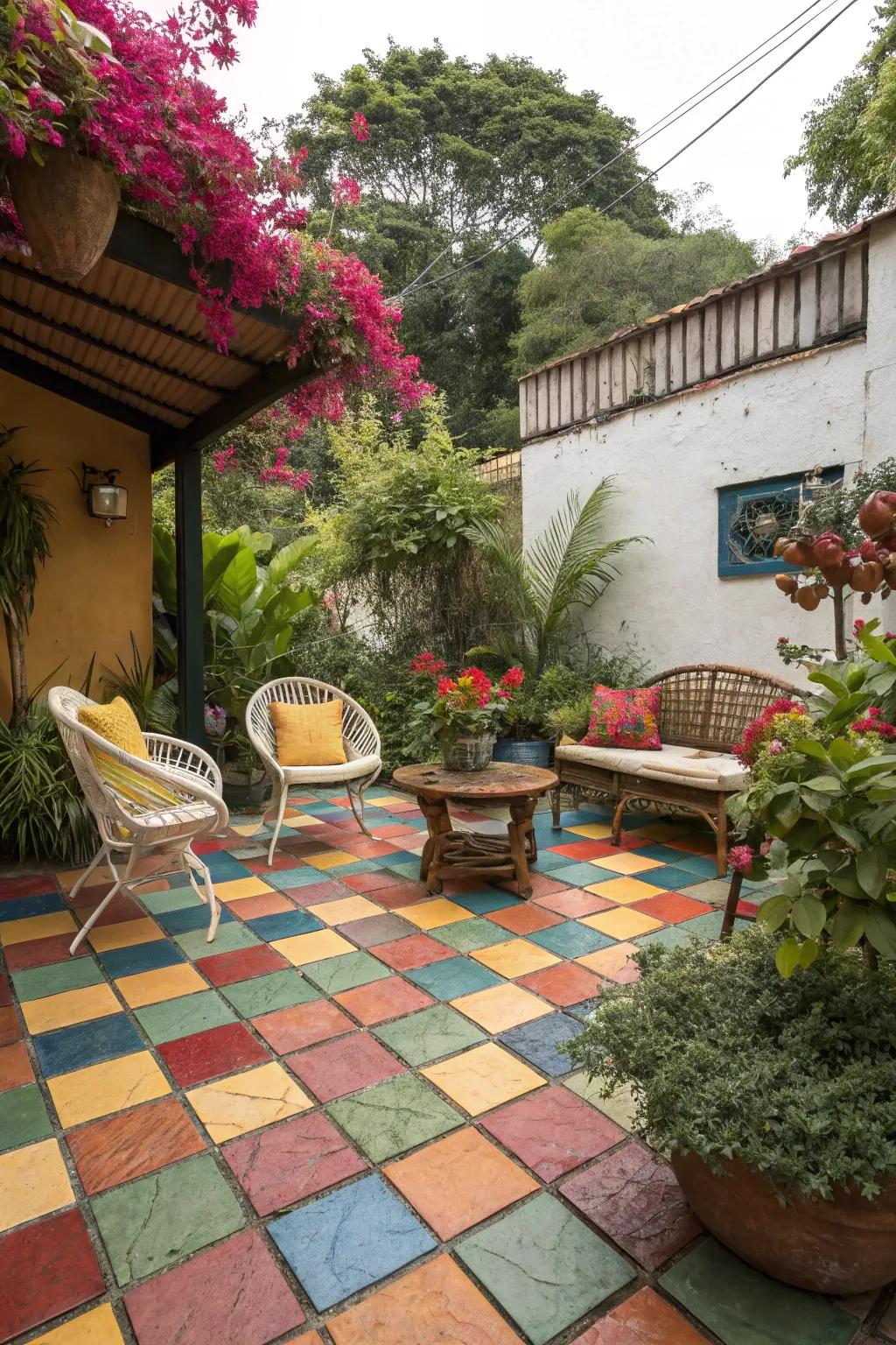 Painted tiles bring color and character to patios.