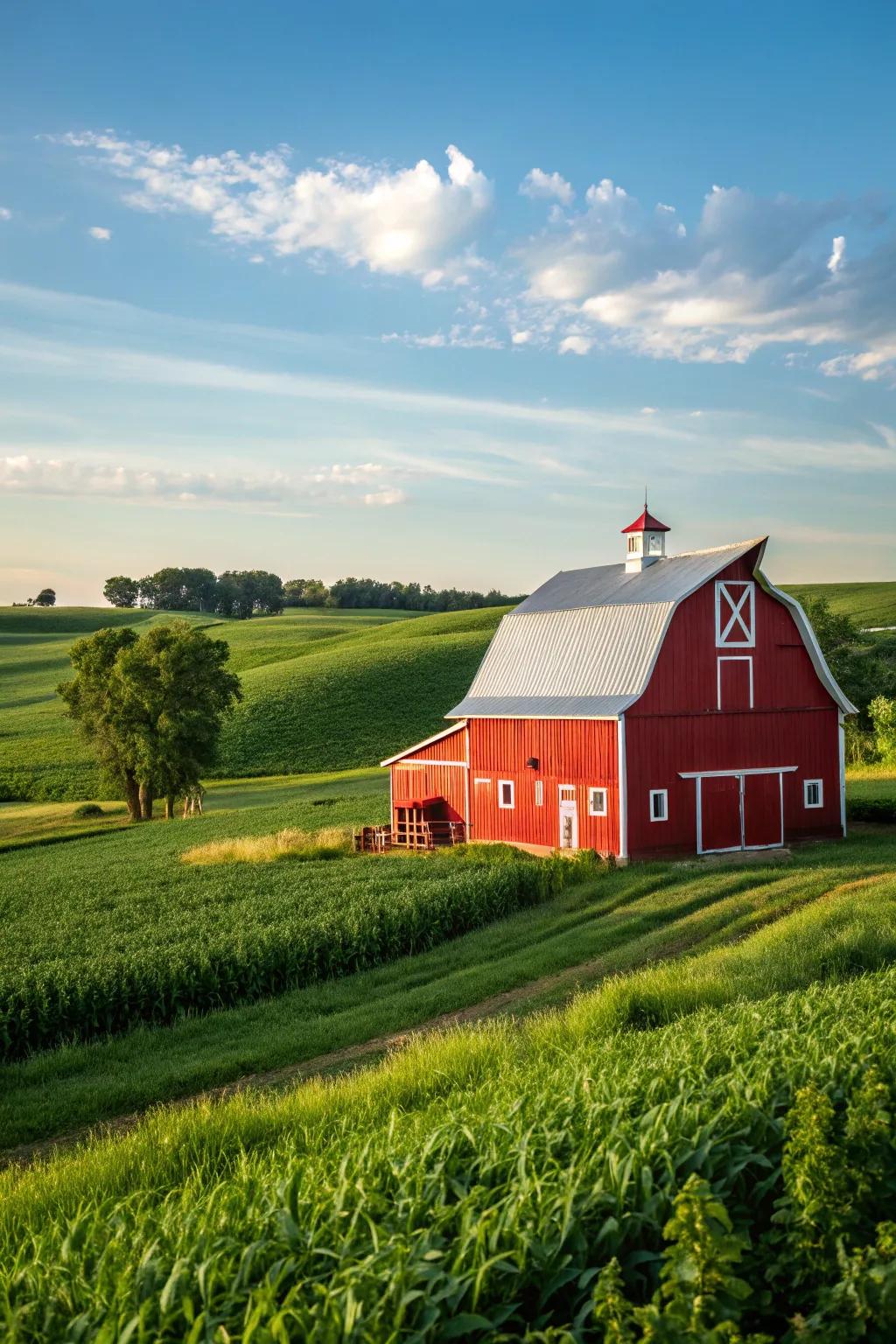 A traditional crimson barn is an iconic symbol of rural charm.