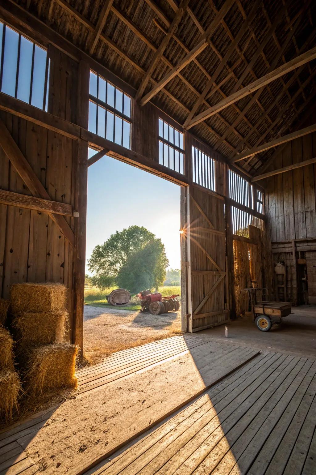 Large barn entrances invite natural light and create a welcoming atmosphere.