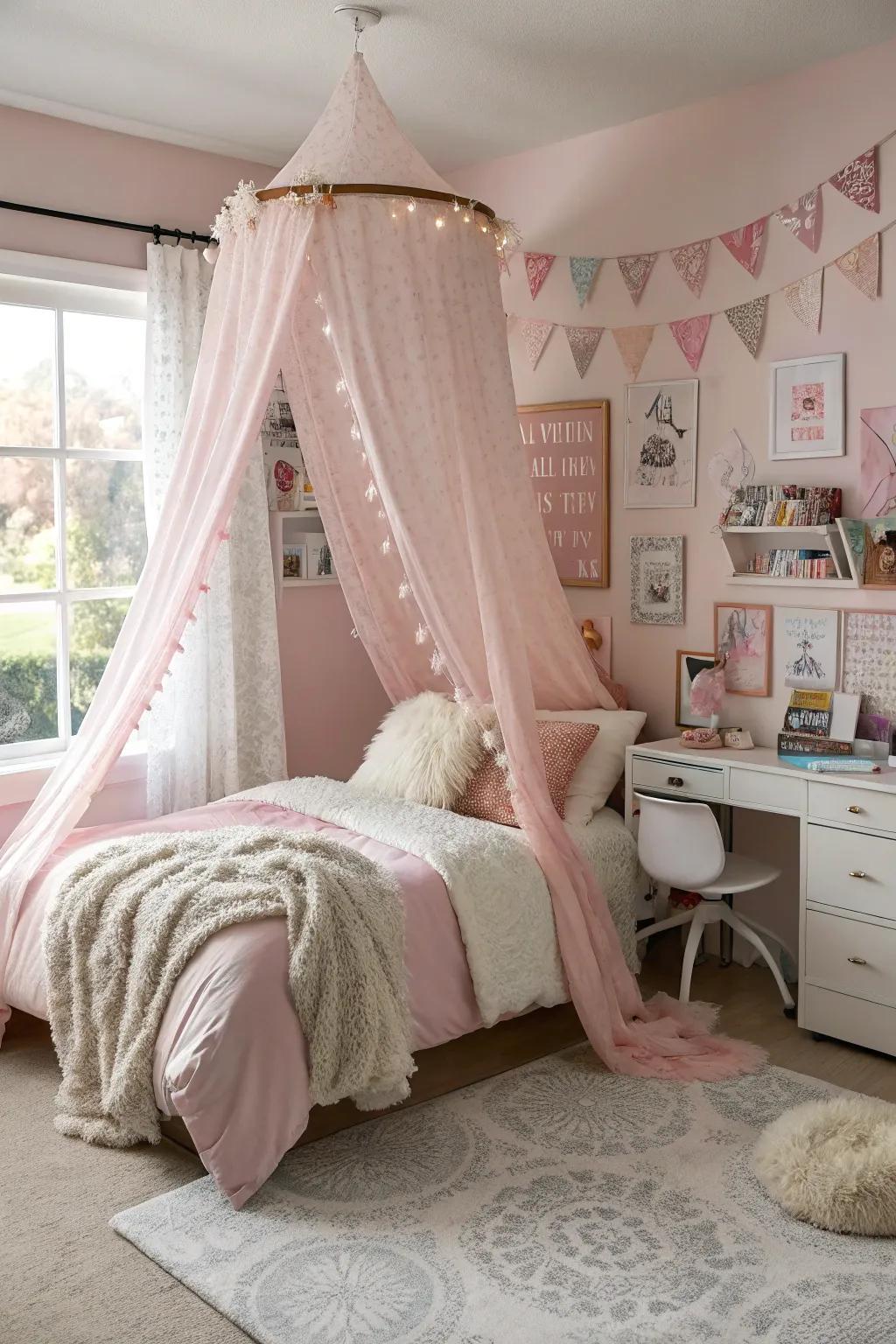 A pink canopy adds a dreamlike effect to the bedroom.