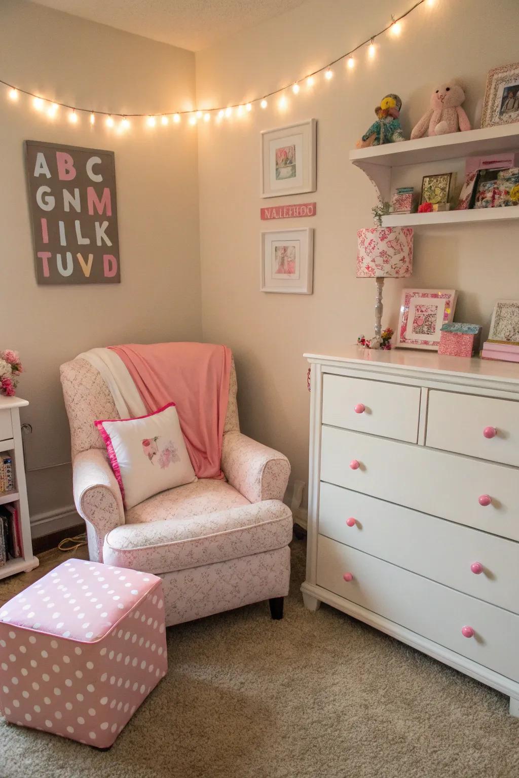 Furniture with pink details enhances the room's design.