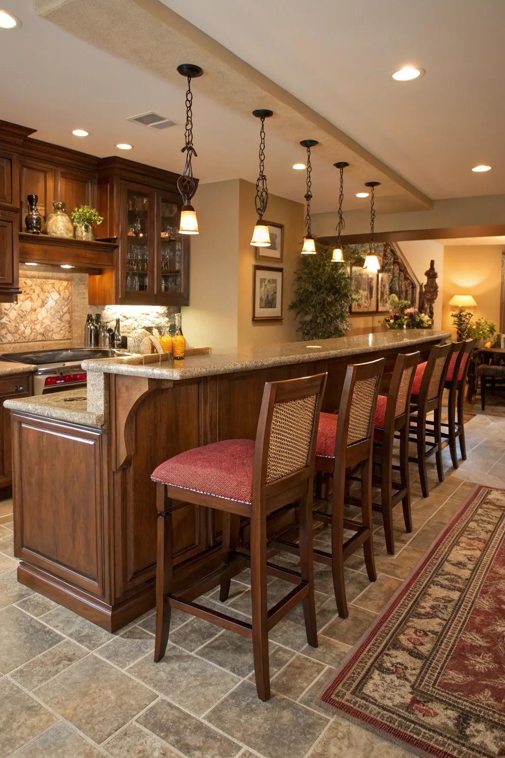 A kitchen peninsula featuring integrated seating for a welcoming atmosphere.