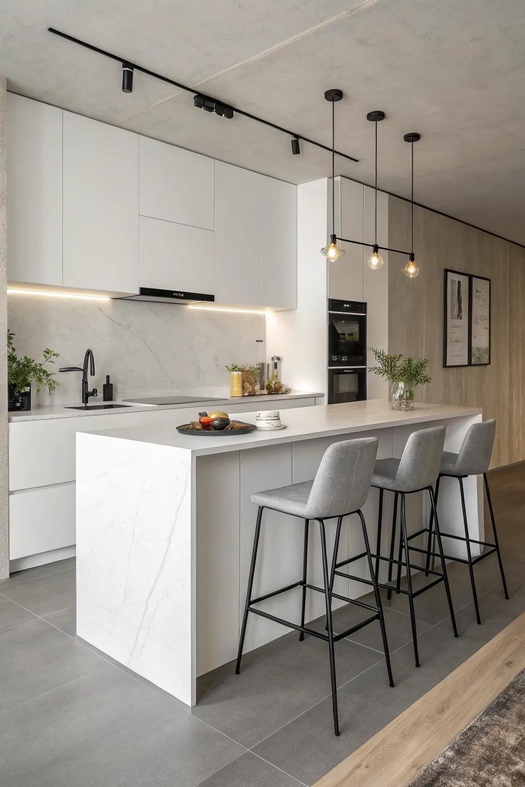 A minimalist peninsula maintains a simple and chic appearance.