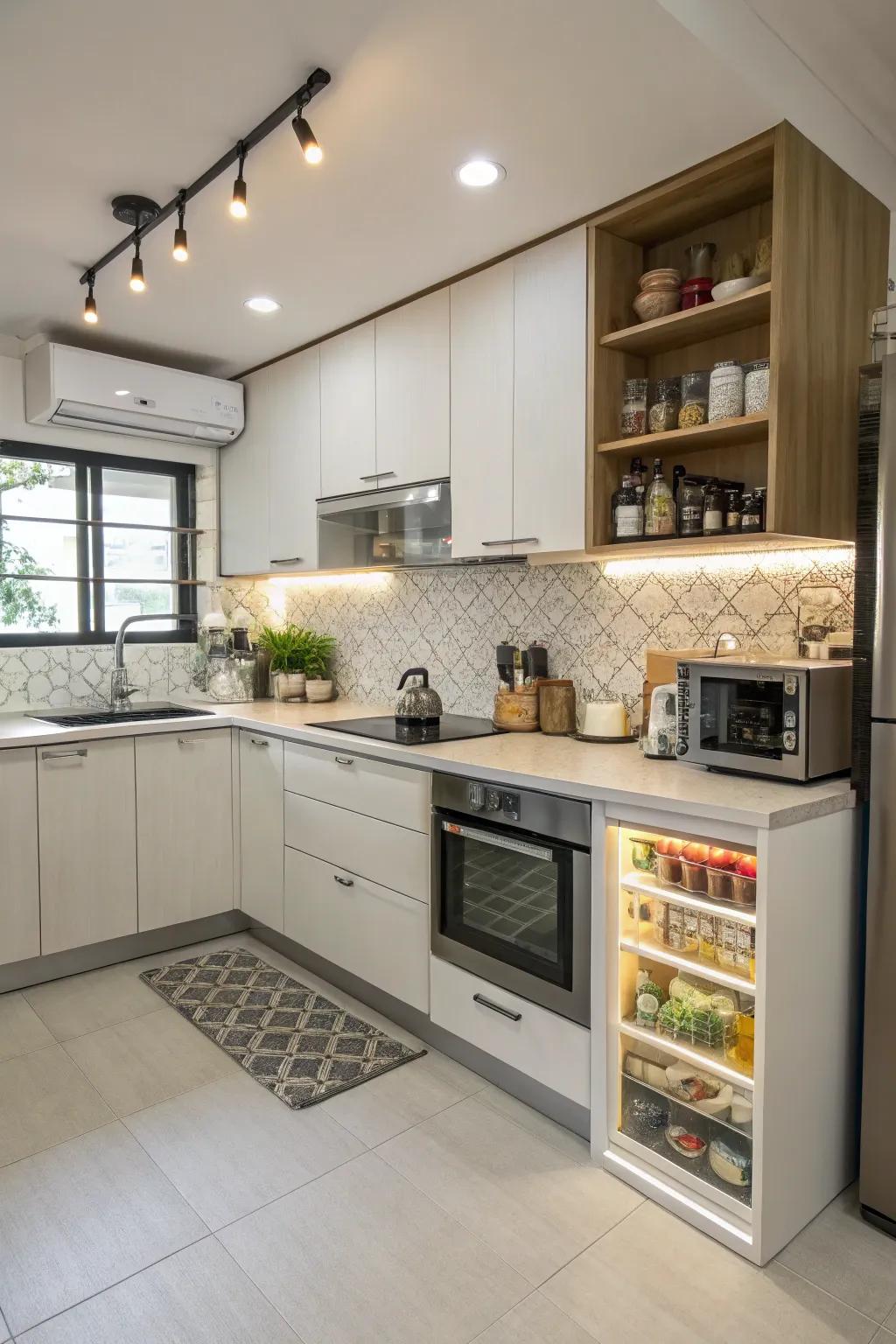 An L-shaped peninsula that utilizes space efficiently.