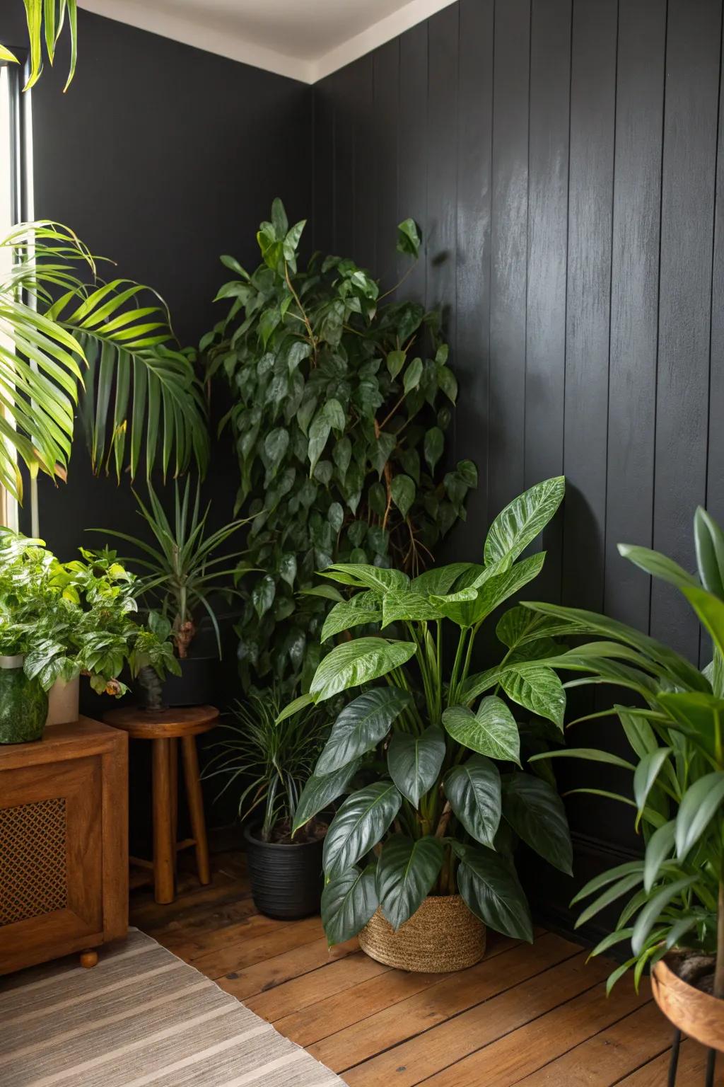 Houseplants adding color to a shadowy wall.