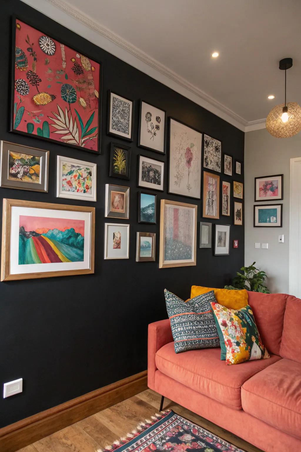 A shadowy wall beautifully decorated with vibrant artwork.