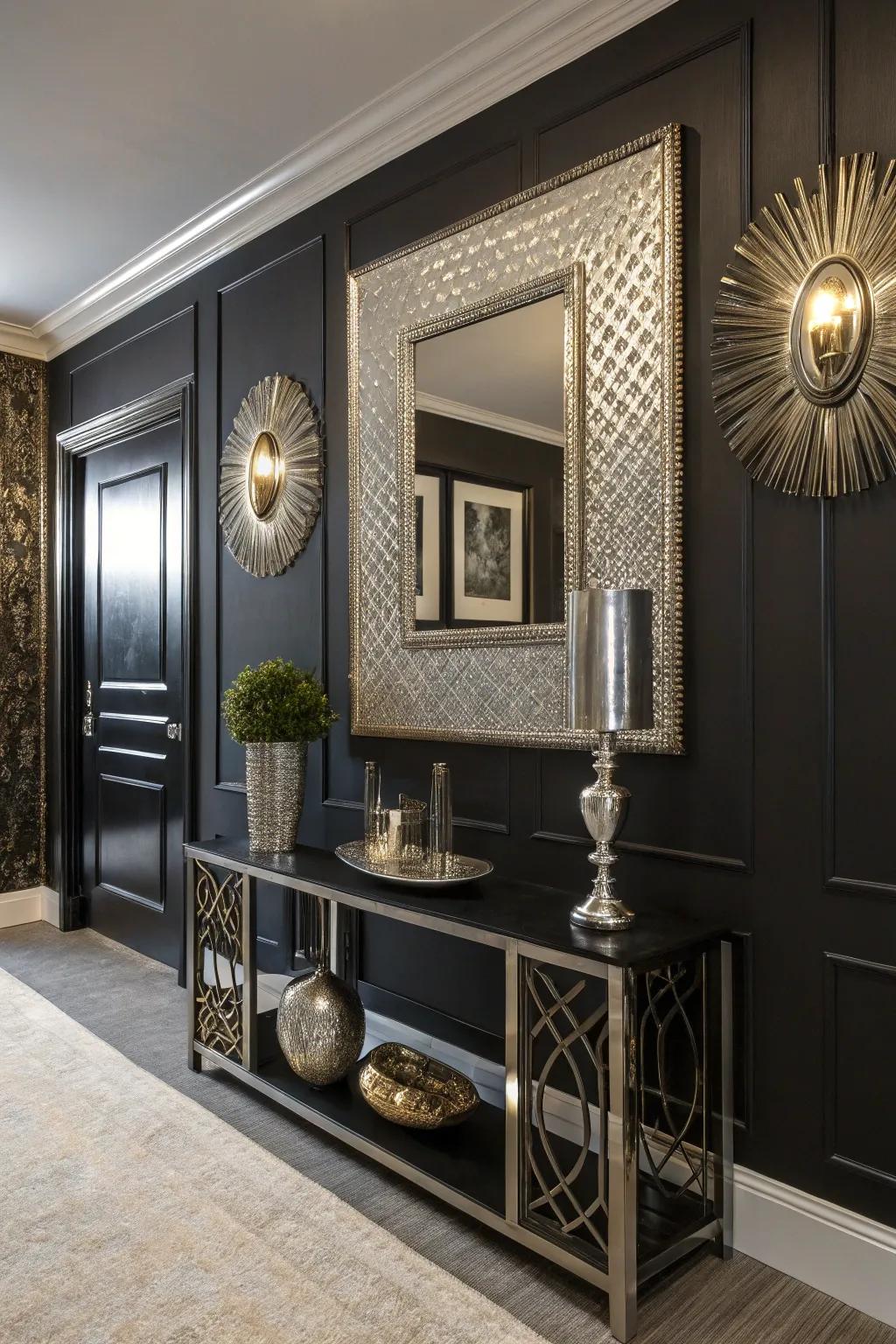 Mirrors and metallic accents on a shadowy wall.
