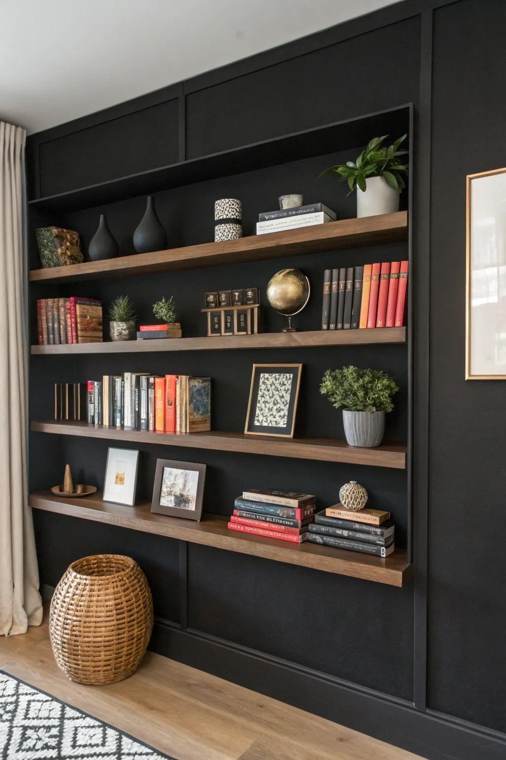 Shelving built-in on a shadowy wall.