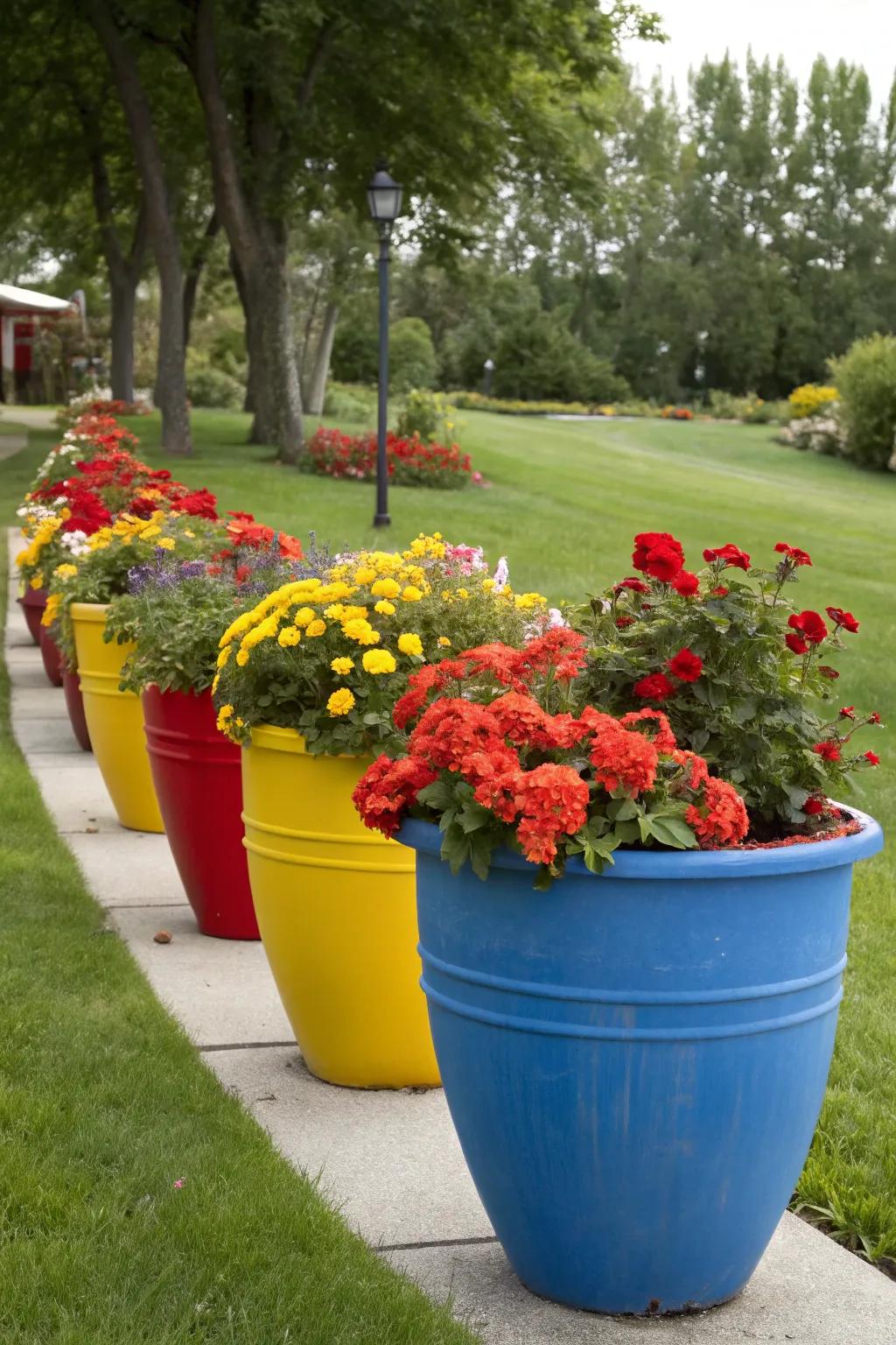 Create a statement with brightly colored pots.