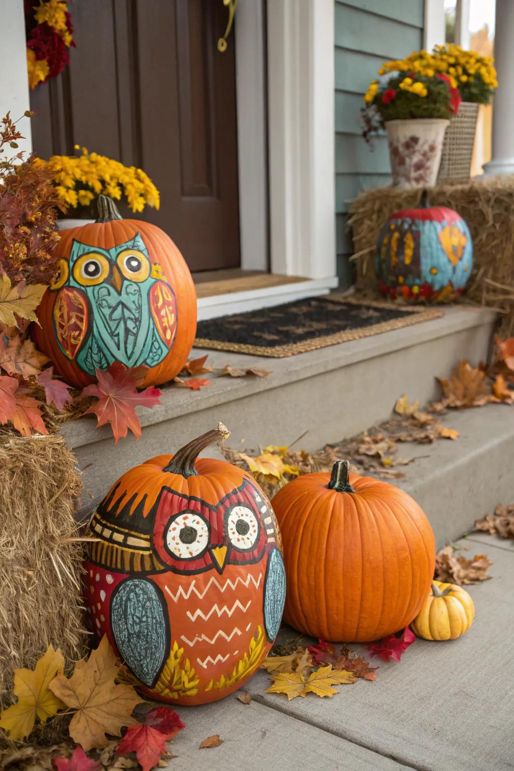 Owl-painted gourds introduce a whimsical flourish to autumn ornamentation