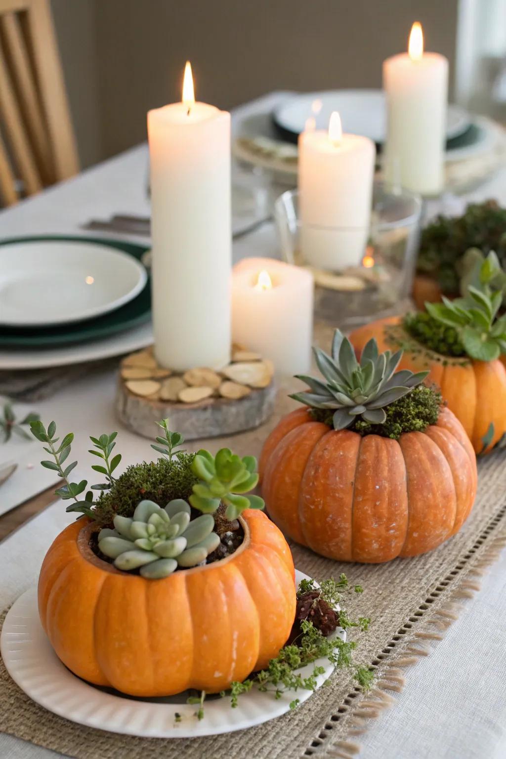 Jack-o'-lantern planters function as distinctive centerpieces