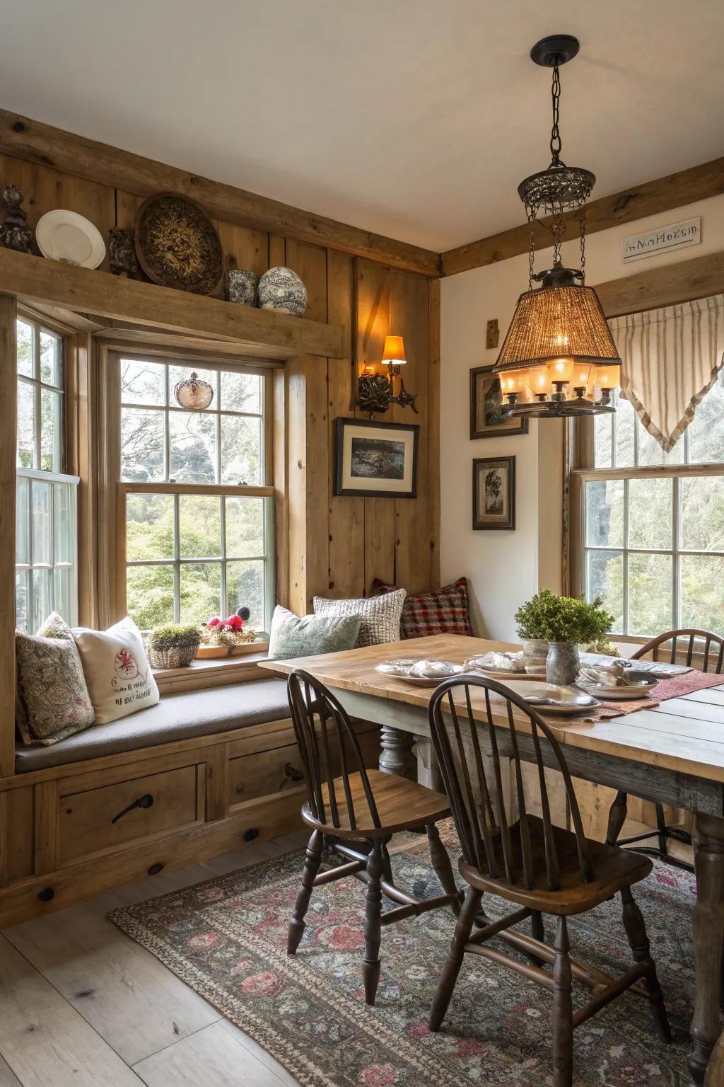 This farmhouse dining area gains a comfortable and welcoming touch thanks to a window seat.
